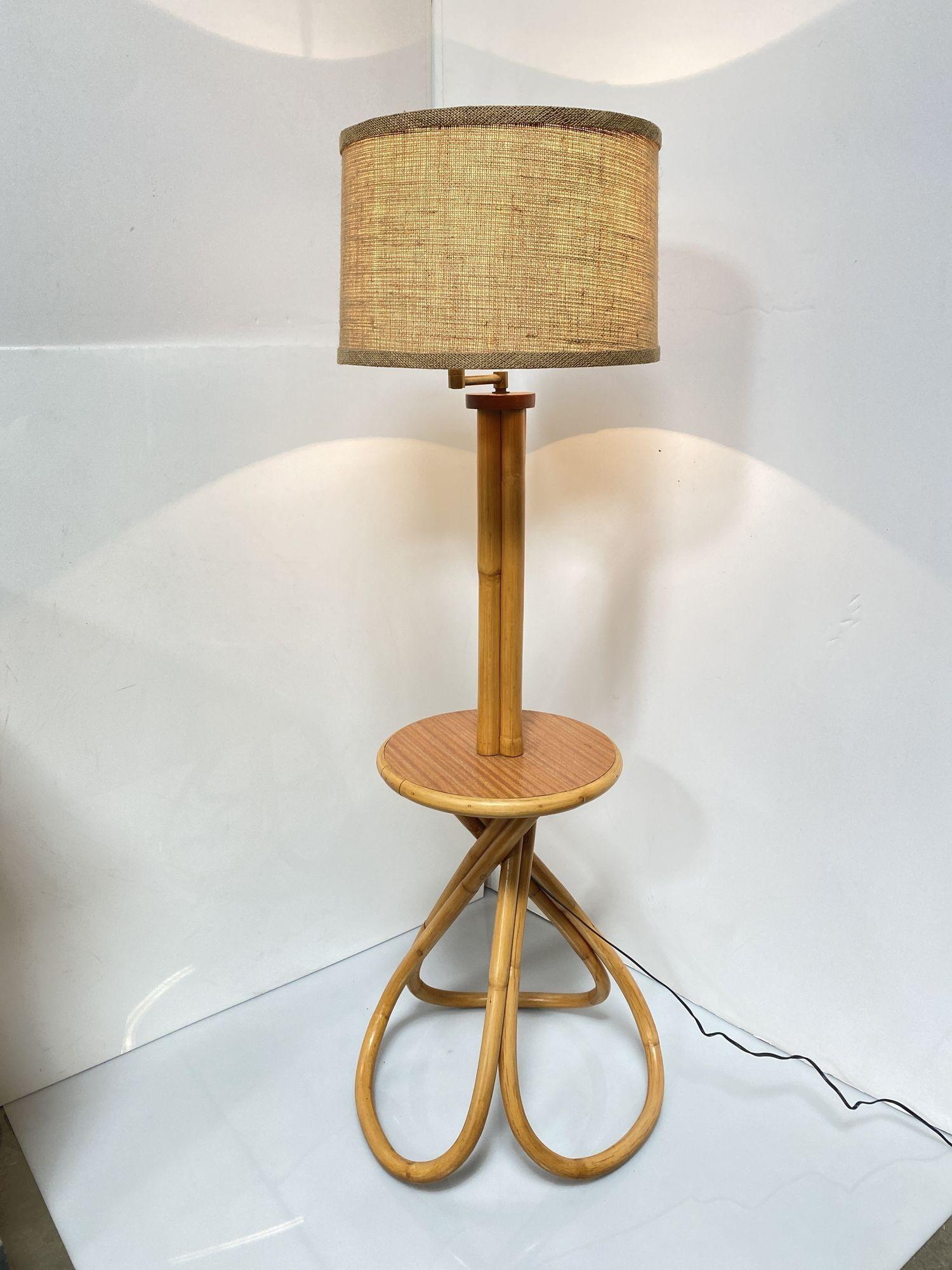 Mid-20th Century Restored Mid Century Bent Rattan Floor Lamp with Side Table Base and Hemp Shade