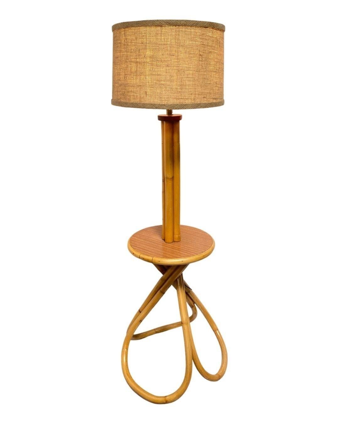 Restored Mid Century Bent Rattan Floor Lamp with Side Table Base and Hemp Shade 1