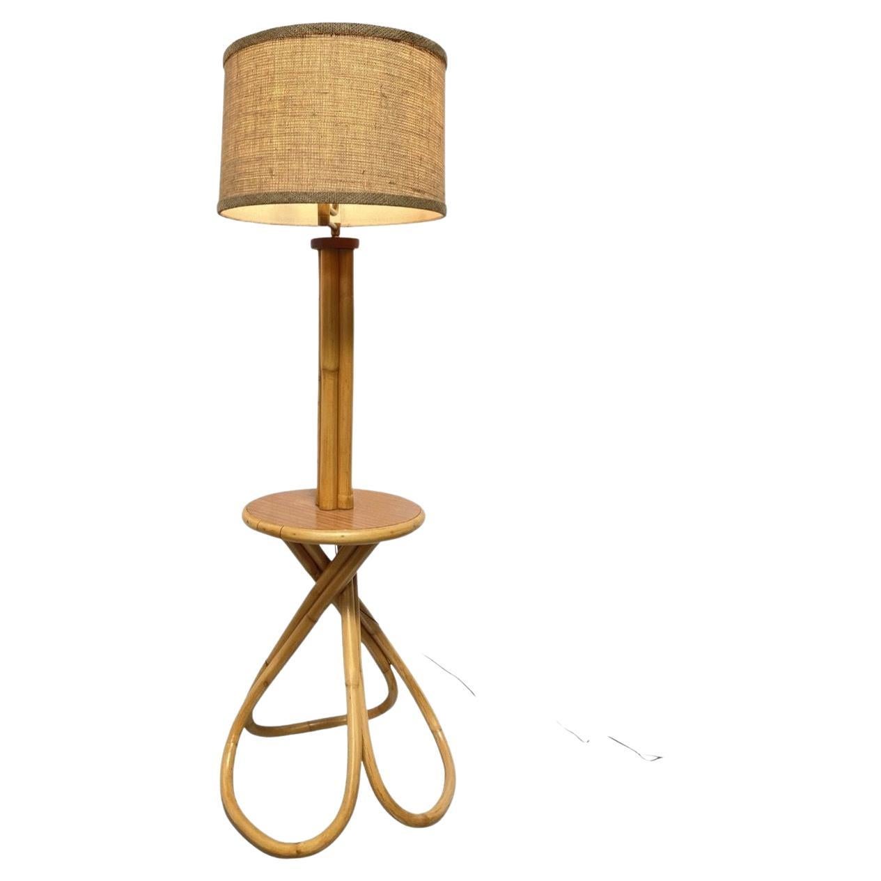Restored Mid Century Bent Rattan Floor Lamp with Side Table Base and Hemp Shade