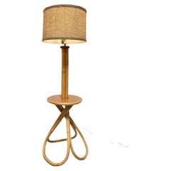 Retro Restored Mid Century Bent Rattan Floor Lamp with Side Table Base and Hemp Shade
