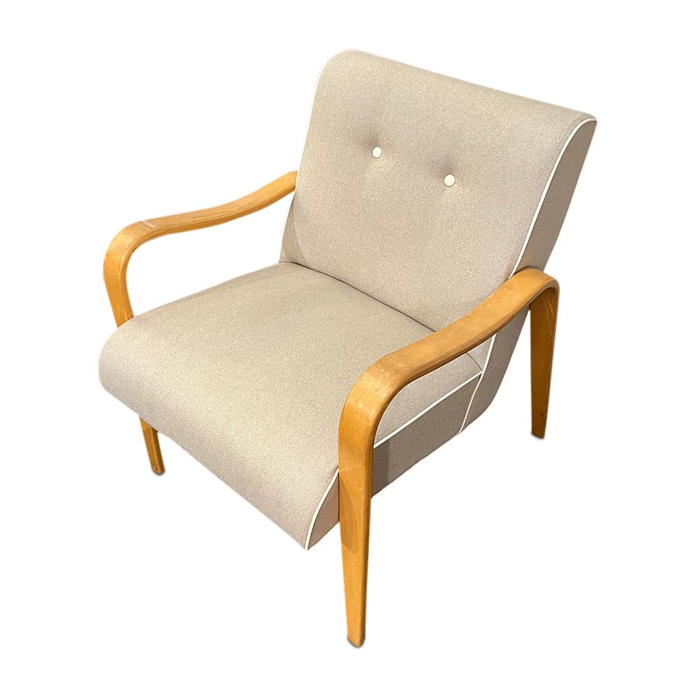 Mid-Century Bent Wood Arm Lounge chair designed by Thonet. 
Vintage and completely restored
Good Condition with slight wear on the arms.
Designed with brand new commercial grade reupholstery and cushions
Holly Hunt Fabric is a chic and modern