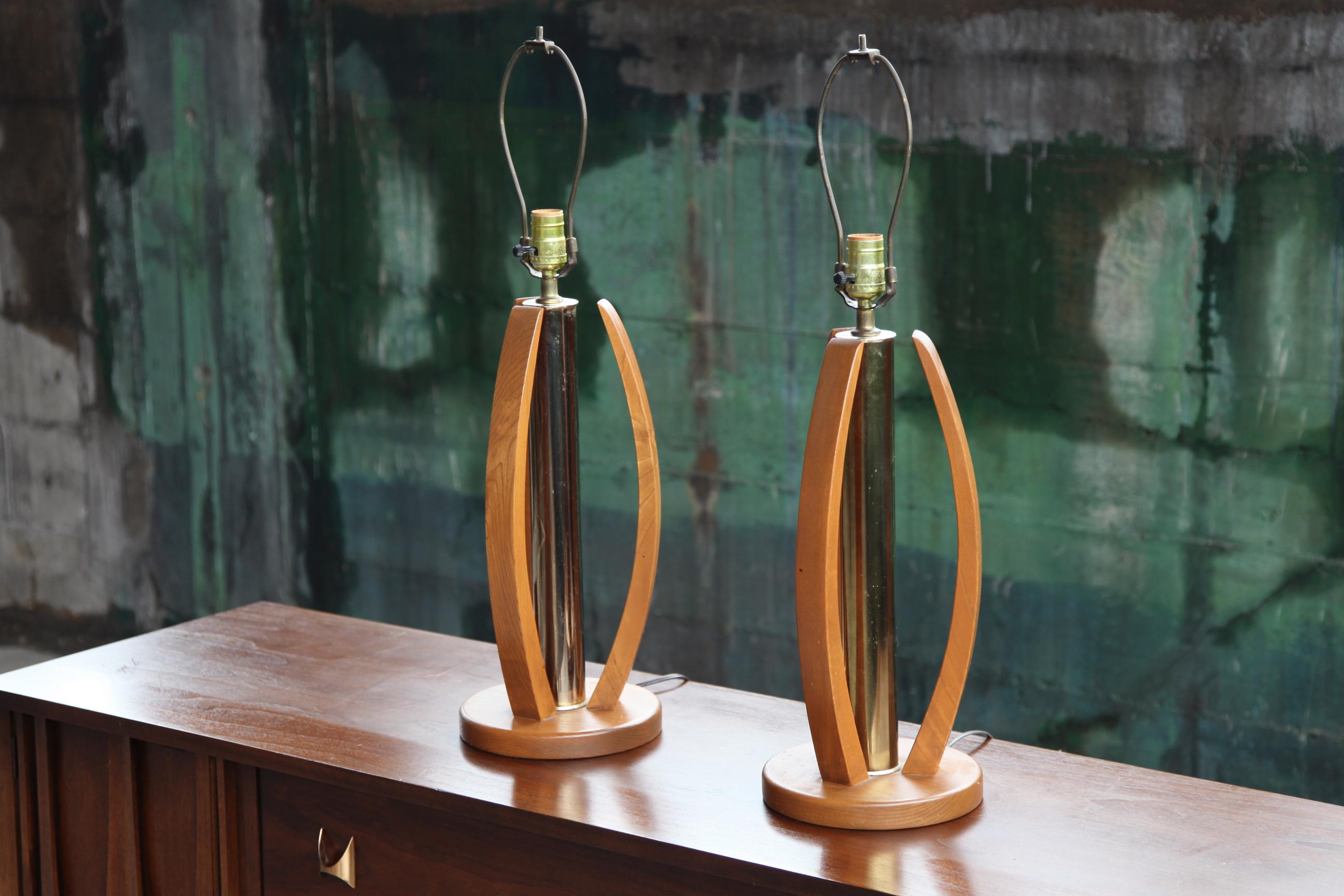 20th Century Mid Century Bentwood and Brass Table Lamps - a Pair For Sale
