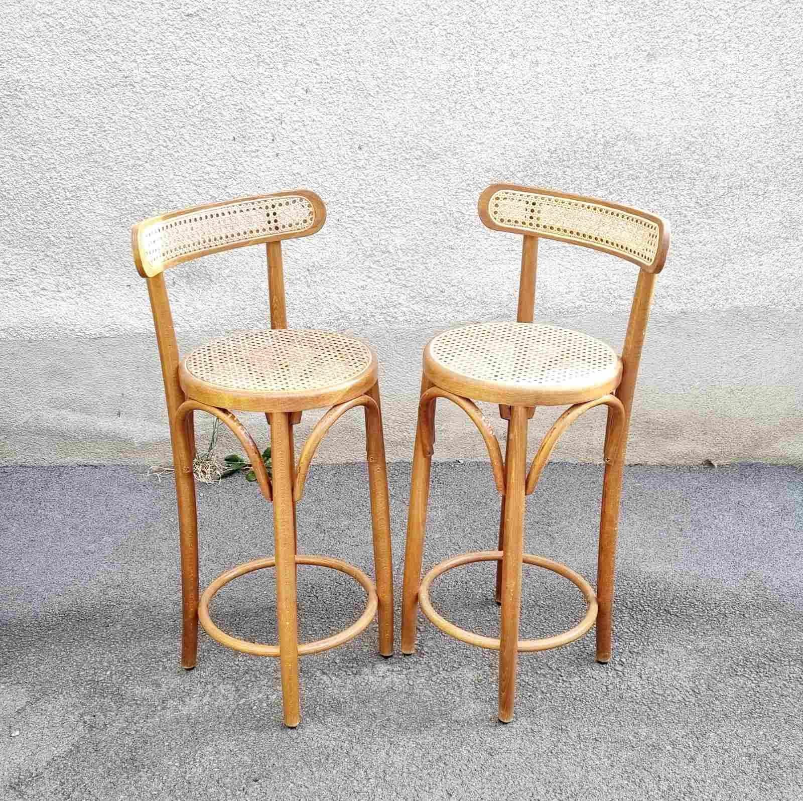 Rattan Mid Century Bentwood Bar Stools in Thonet Style, Italy 70s, Pair