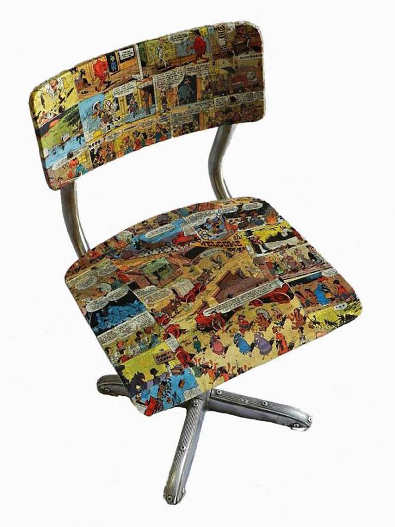 Mid-Century Modern Chaise d'enfant en bois courbé Midcentury 1950s Découpage comique Lucky Luke