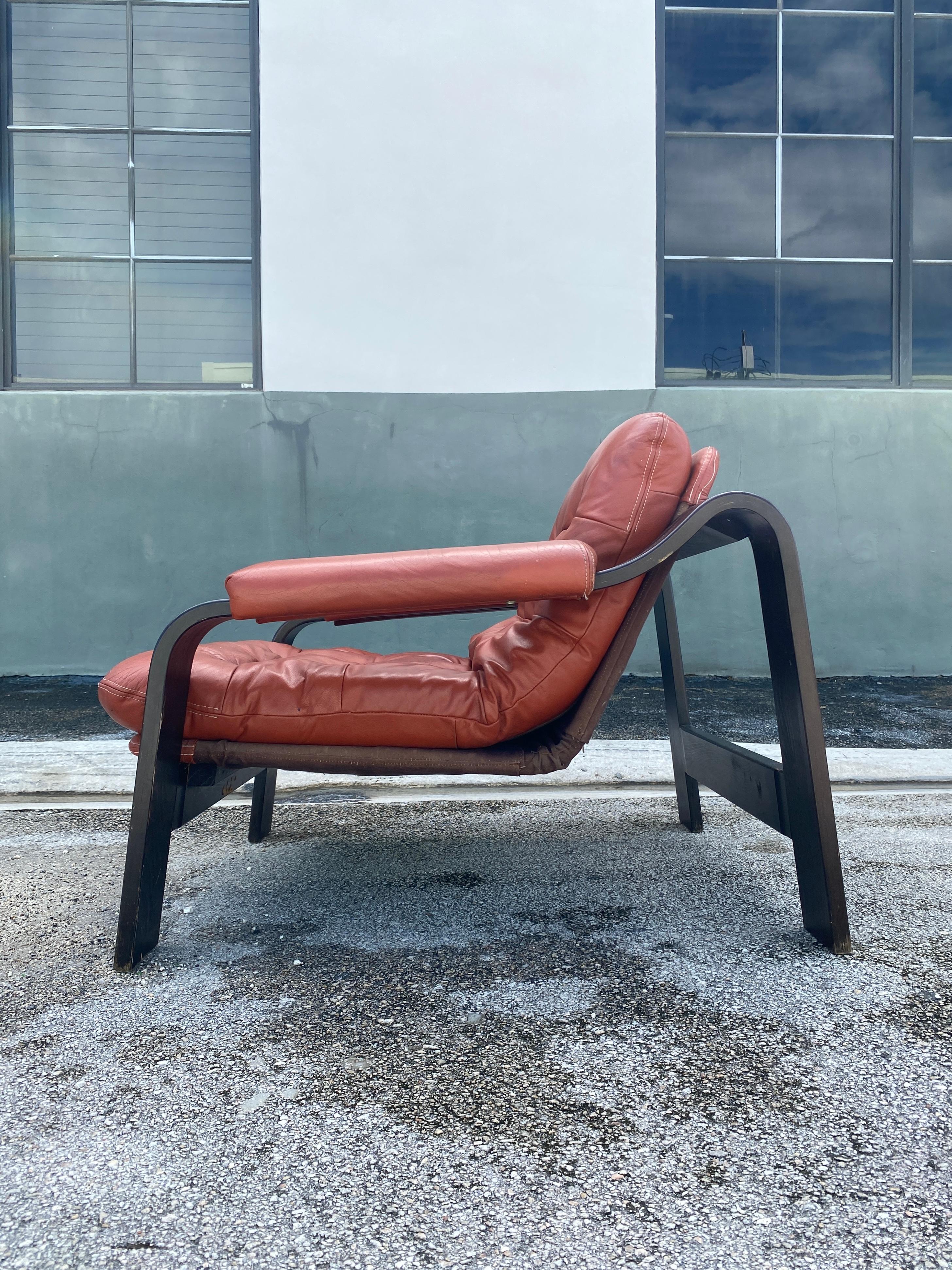 Leather Mid Century Bentwood Lounge Chair in the Style of Gotte Mobler