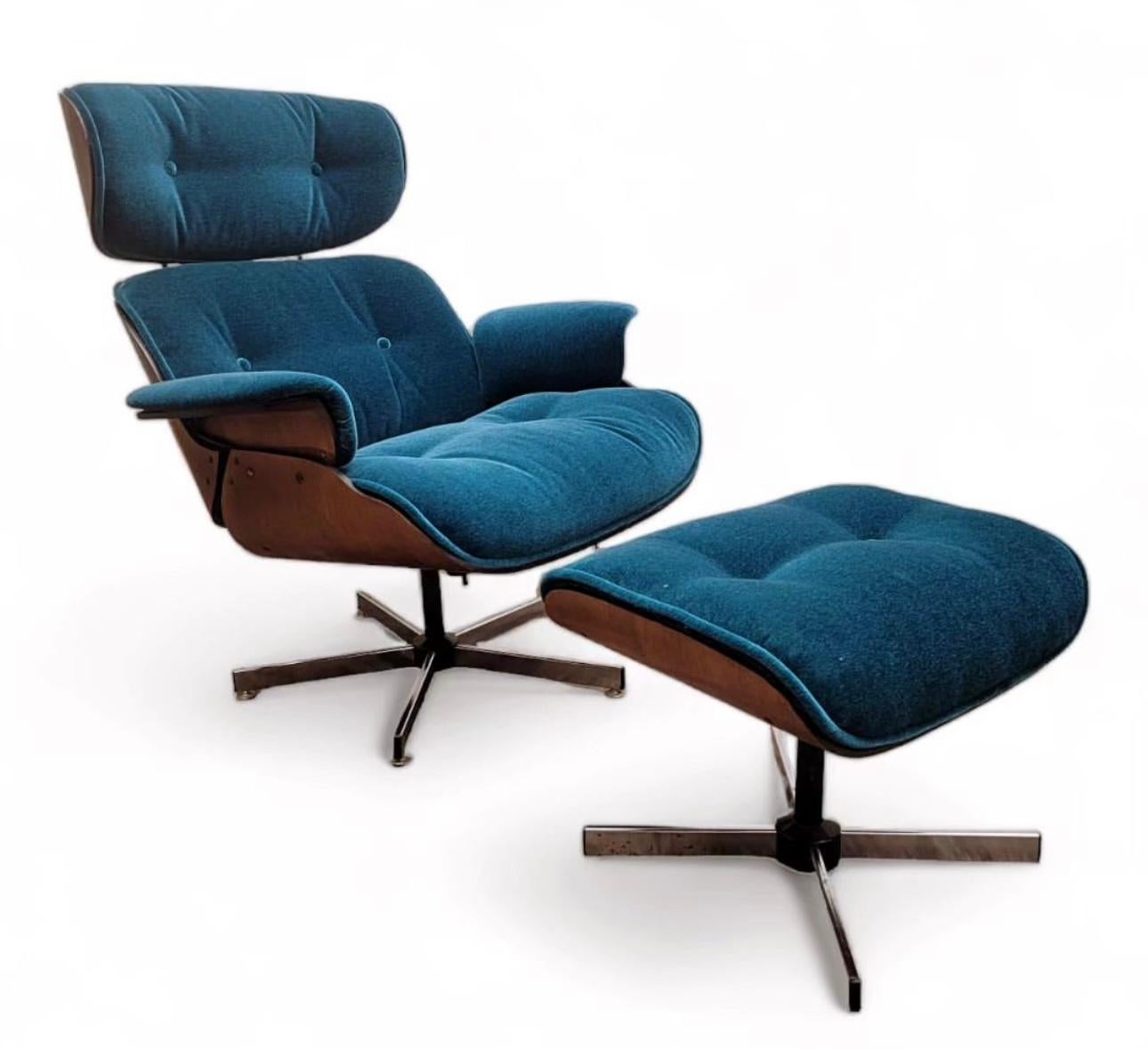 Mid Century Modern Eames Style Bentwood Lounge & Ottoman by Plycraft Upholstered in Teal Blue Italian Mohair - 2 Piece Set 

This iconic Mid Century modern Eames-inspired bentwood lounge and ottoman exudes timeless elegance and comfort. Newly custom