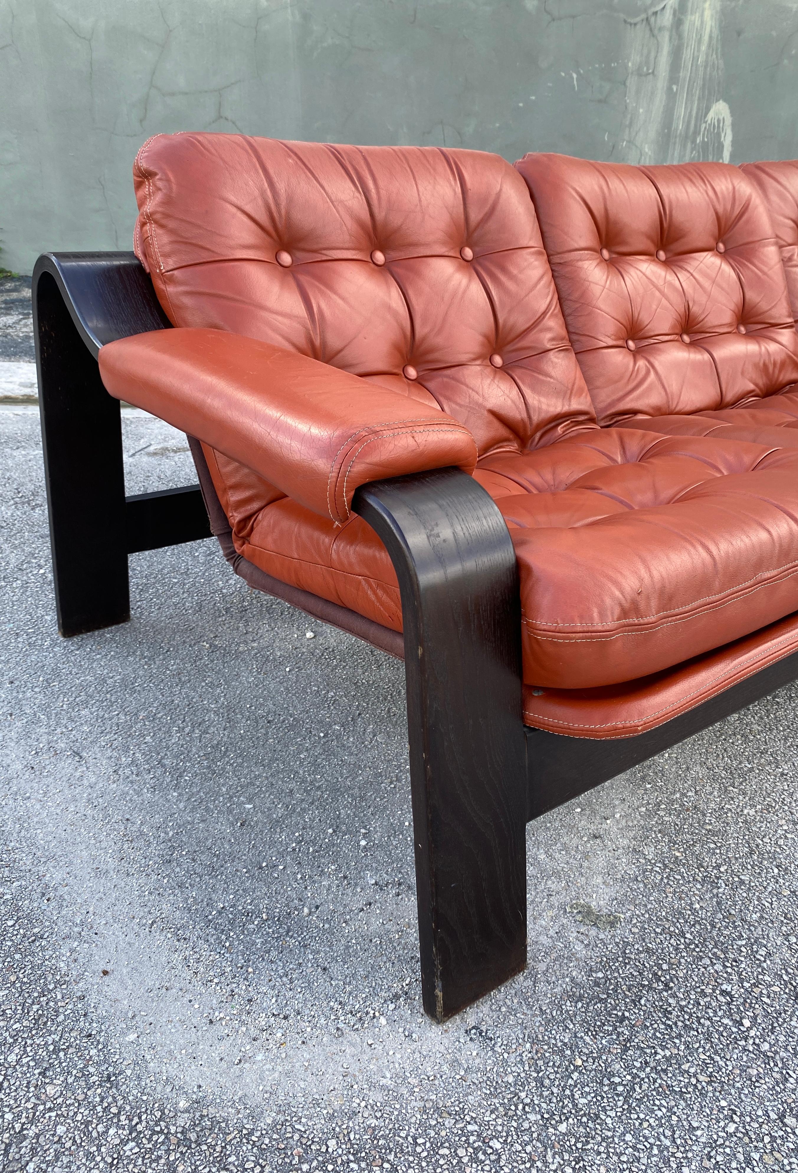 Leather Mid-Century Bentwood Lounge Sofa in the Style of Gotte Mobler