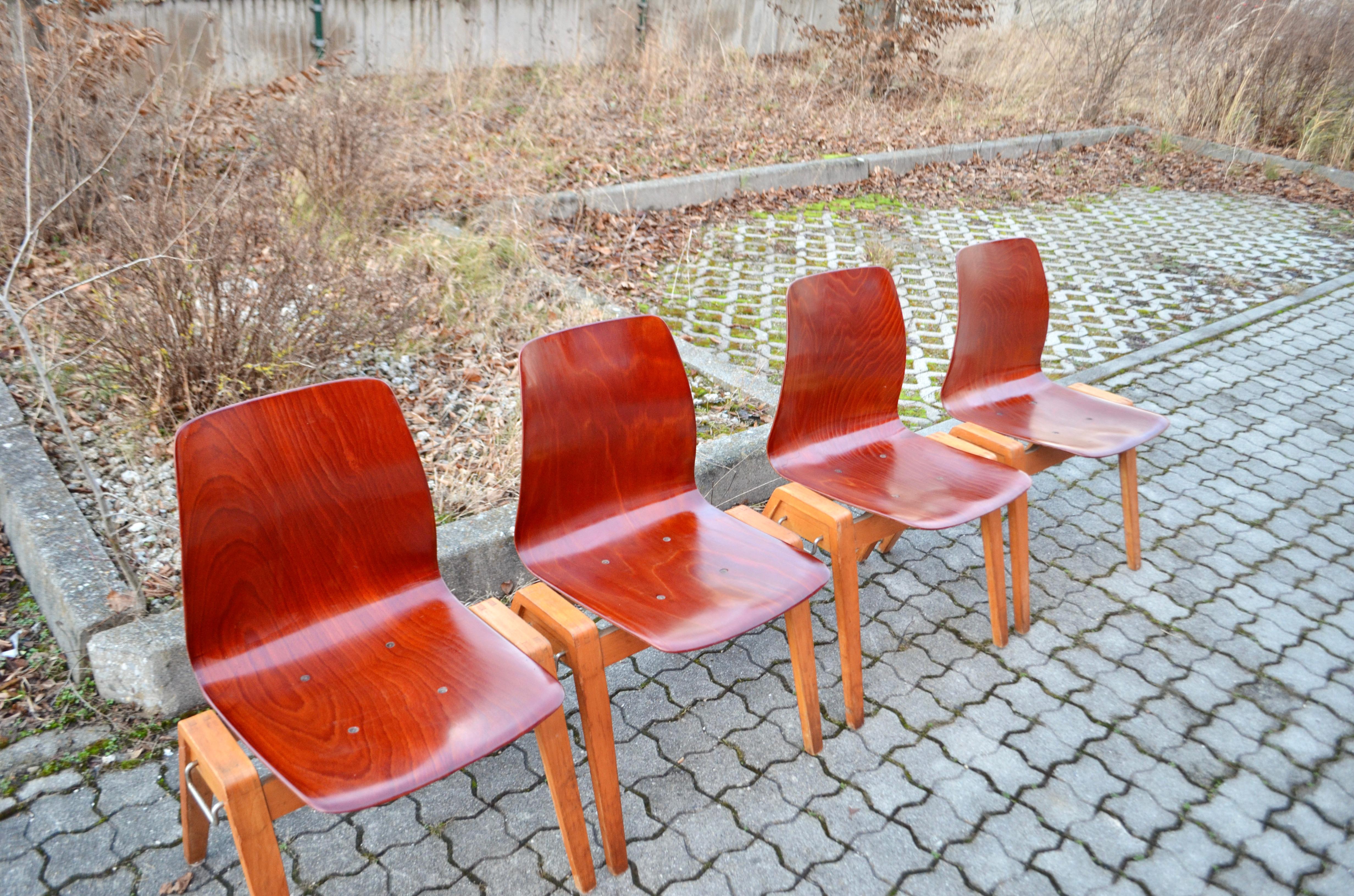 This bentwood plywood chairs are produced by ROYAL in Germany around 50ties/60ties.
The chair has a beautiful beech frame. 
The chairs are stackable.
With signs of use but still in good vintage condition.
Set of 4 chairs.
 