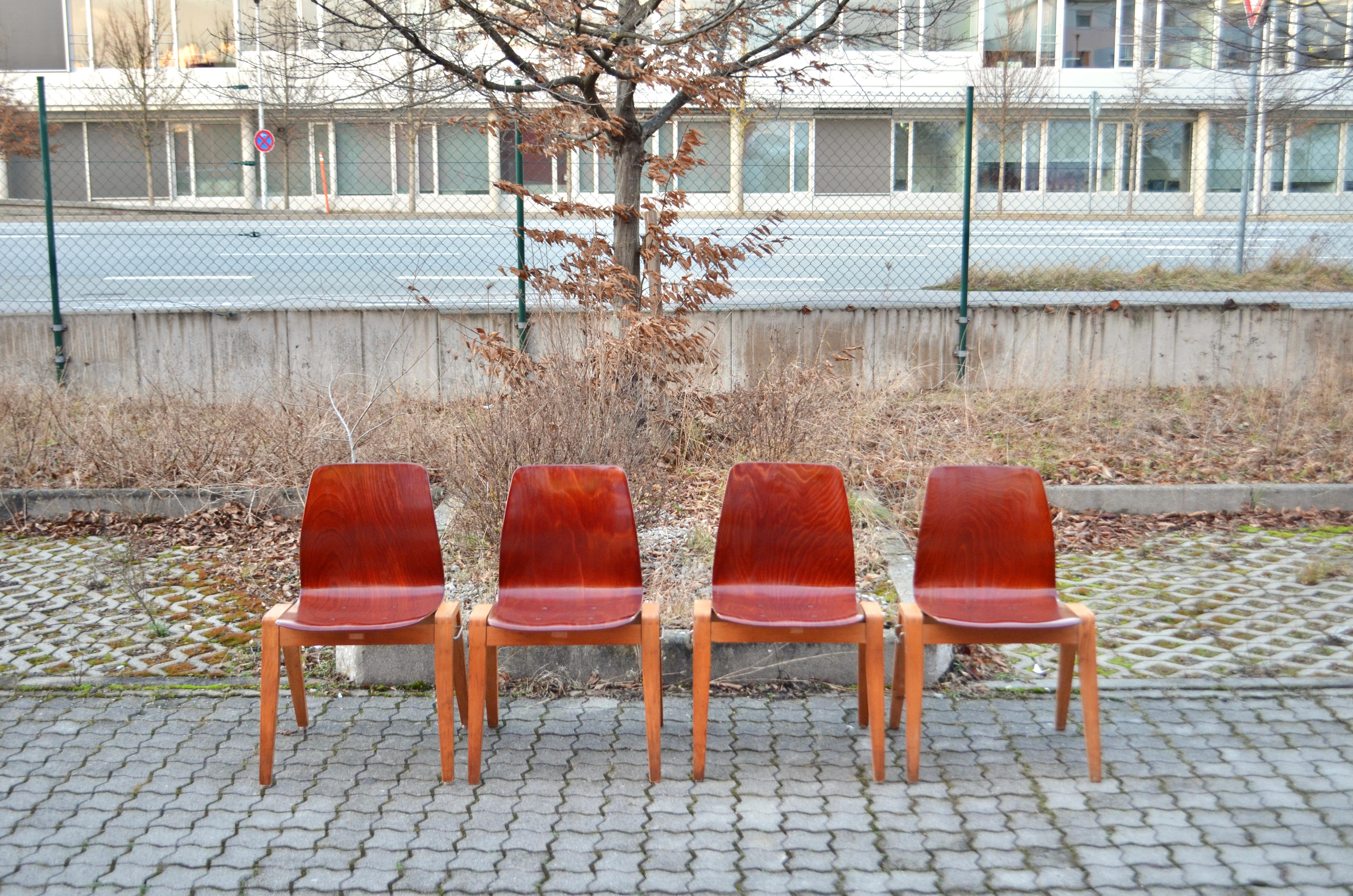 Mid-Century Modern Mid-Century Bentwood Plywood Chairs Stackable by Royal Germany Set of 4 For Sale