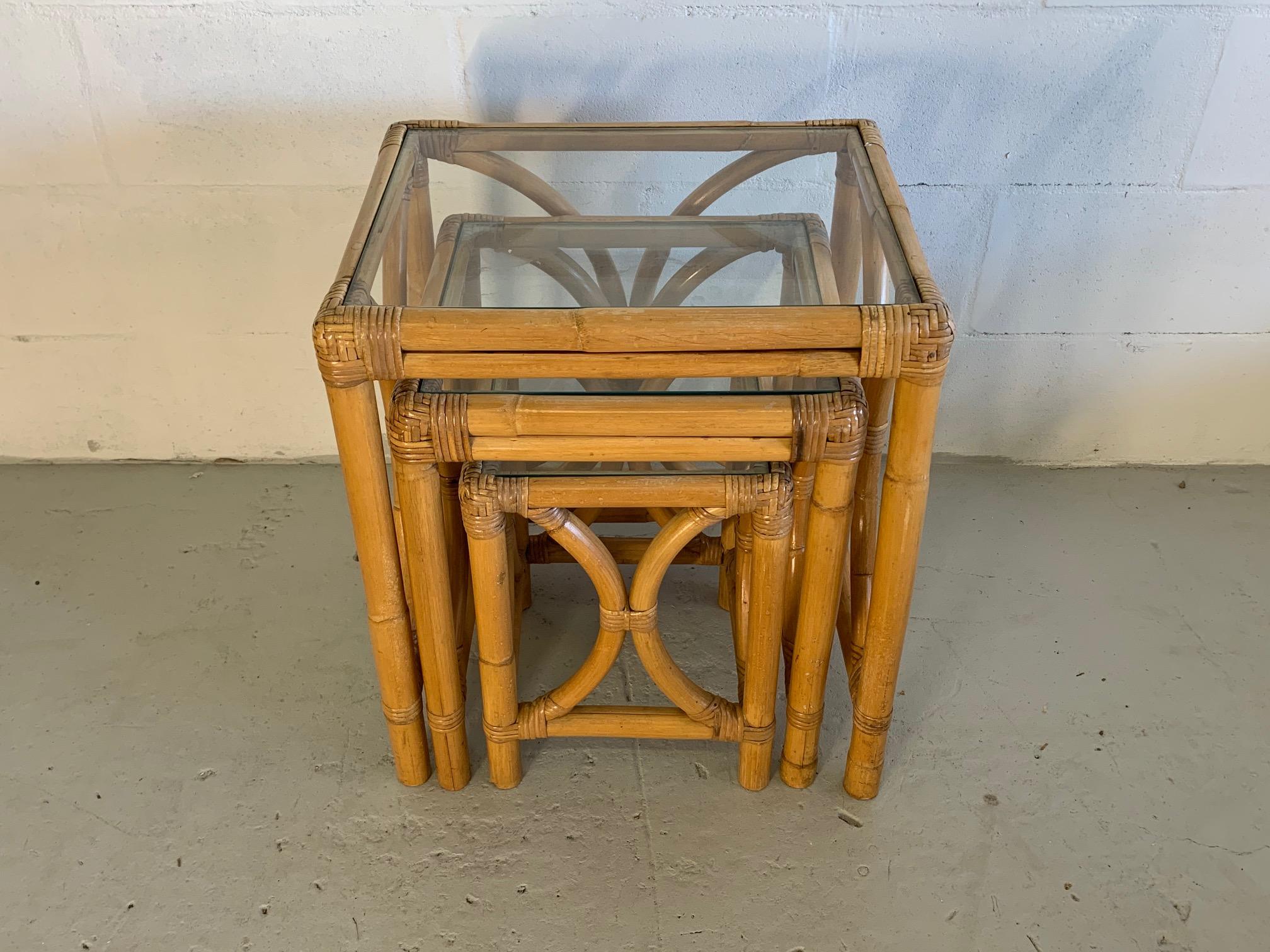 Midcentury Bentwood Rattan Nesting Tables In Good Condition In Jacksonville, FL