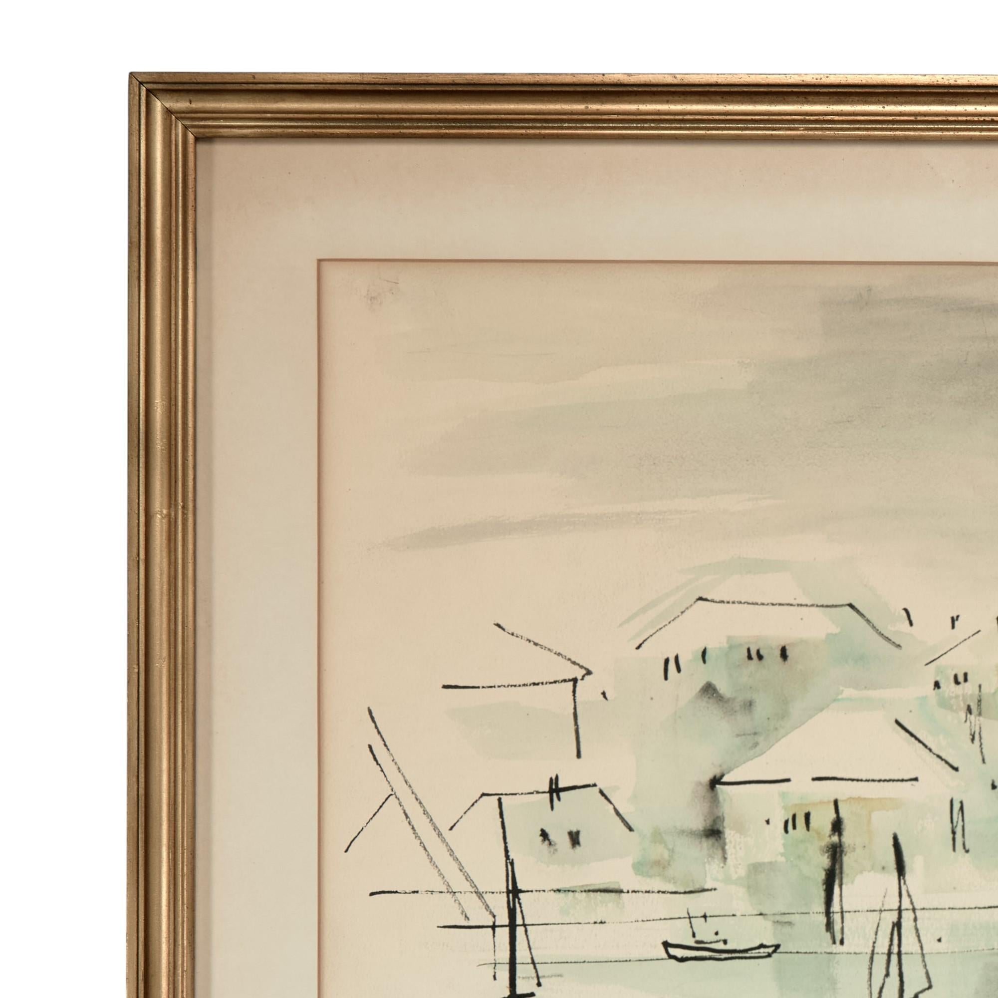 Alfred Birdsey était un peintre bermudien de renom né en Angleterre. Voici une aquarelle représentative de son style libre et confiant et des sujets familiers de la baie. Signée en bas à droite et présentée sous verre antireflet dans un cadre en