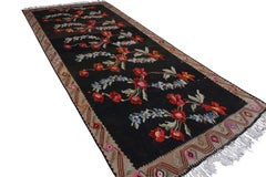 Mid Century Bessarabian Kilim Schwarz Beige Rot Floral Türkisch Flachgewebe Teppich