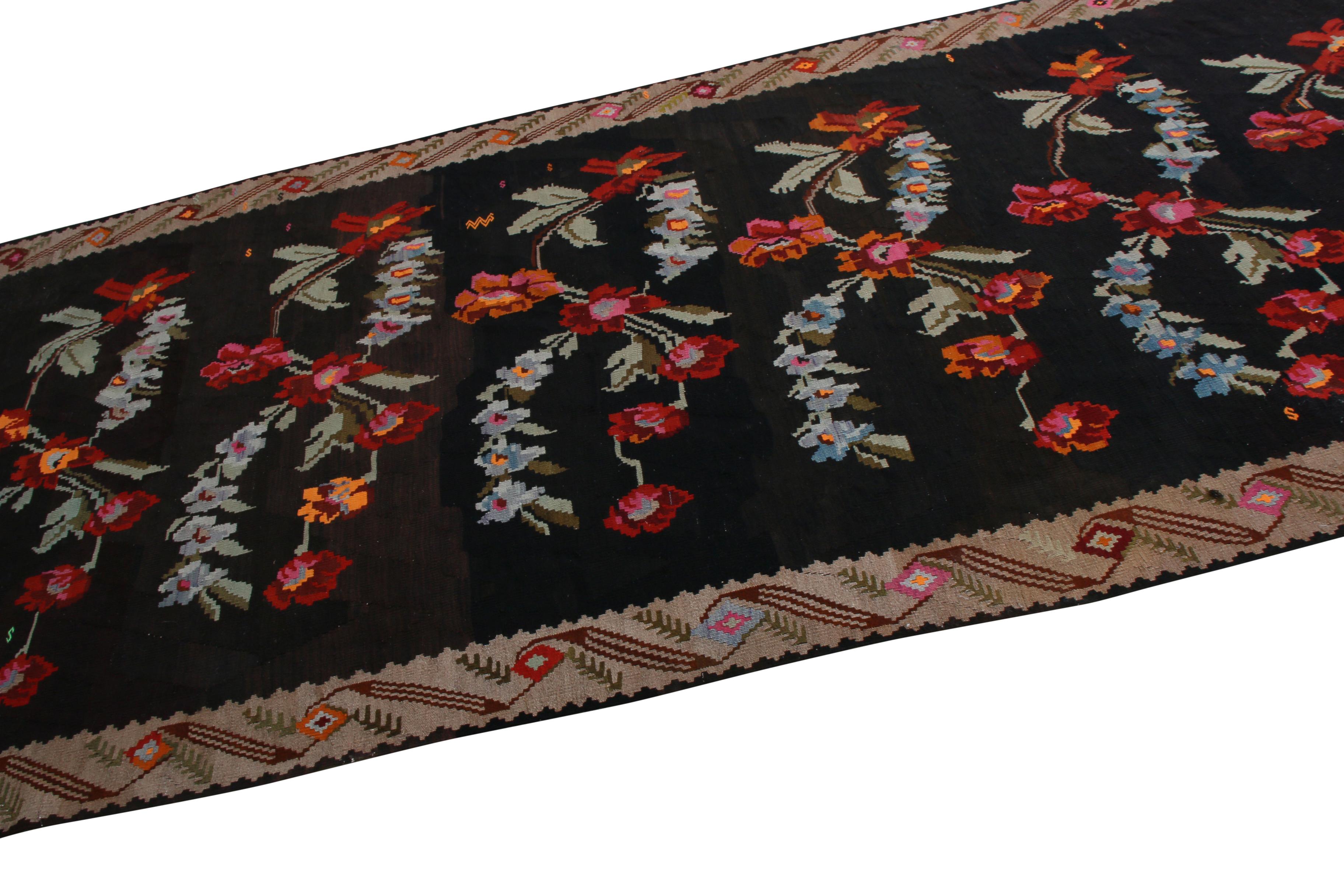 Art Deco Mid Century Bessarabian Kilim Black Beige Red Floral Turkish Flat Weave Rug For Sale