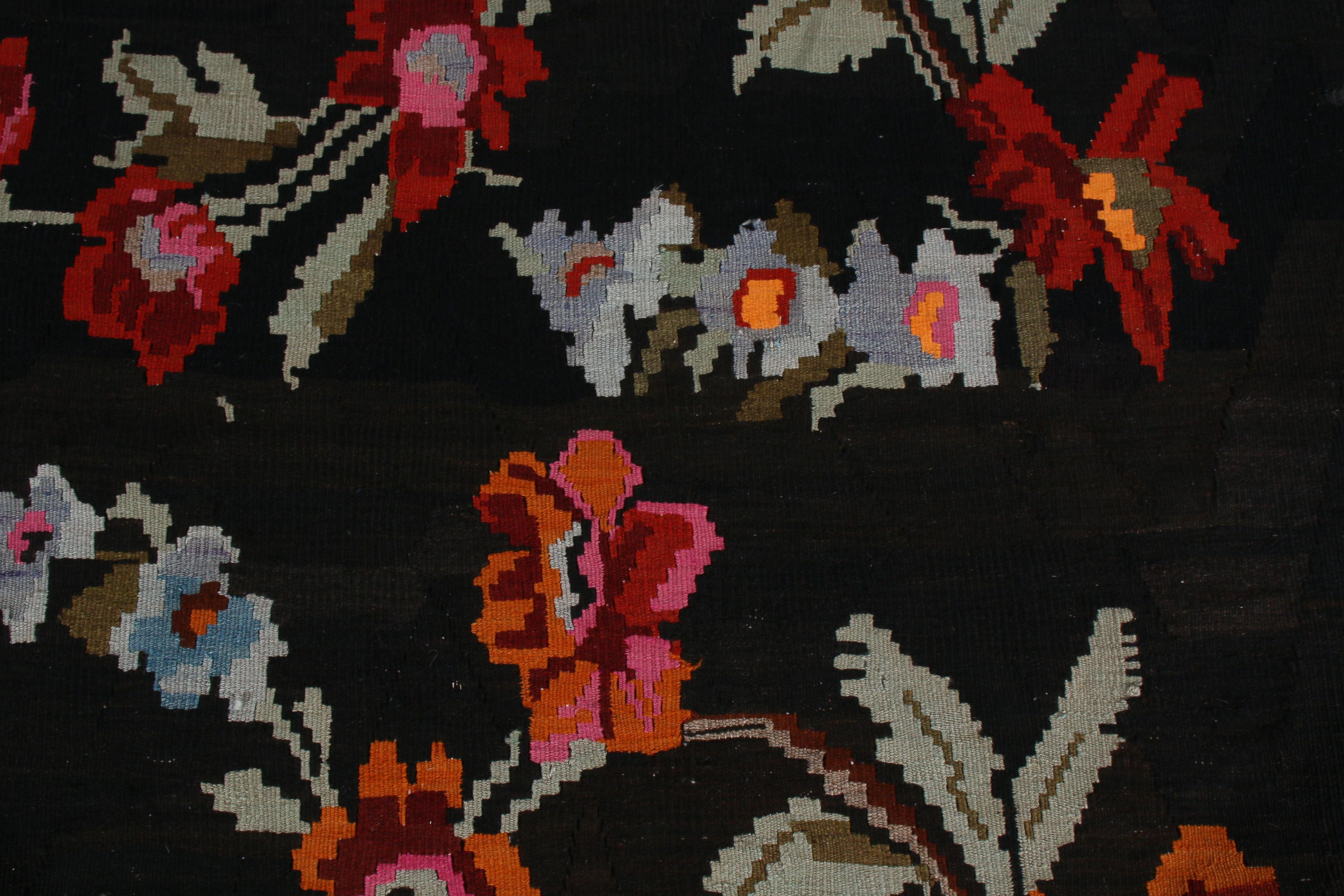 Hand-Knotted Mid Century Bessarabian Kilim Black Beige Red Floral Turkish Flat Weave Rug For Sale