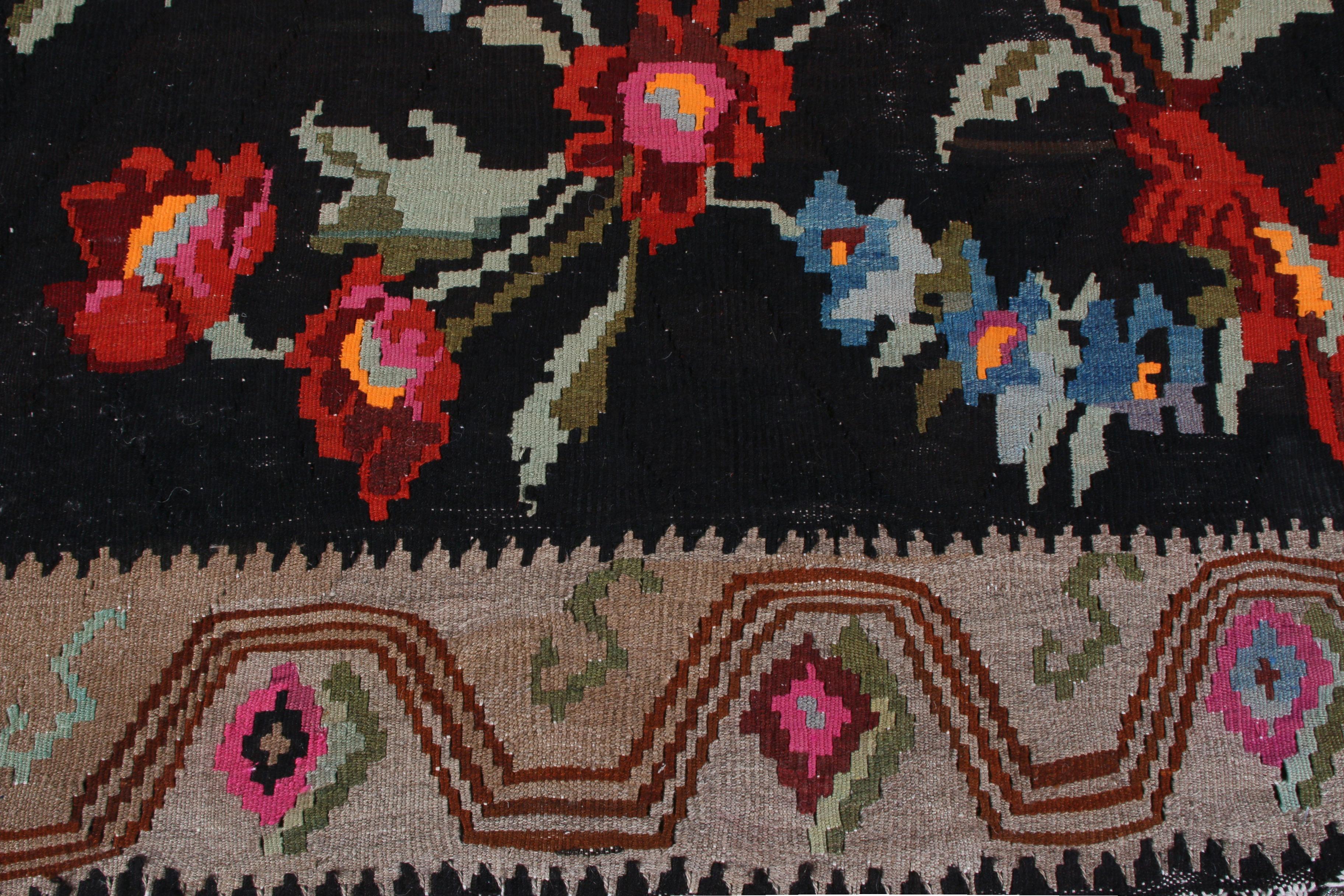 Mid-20th Century Mid Century Bessarabian Kilim Black Beige Red Floral Turkish Flat Weave Rug For Sale