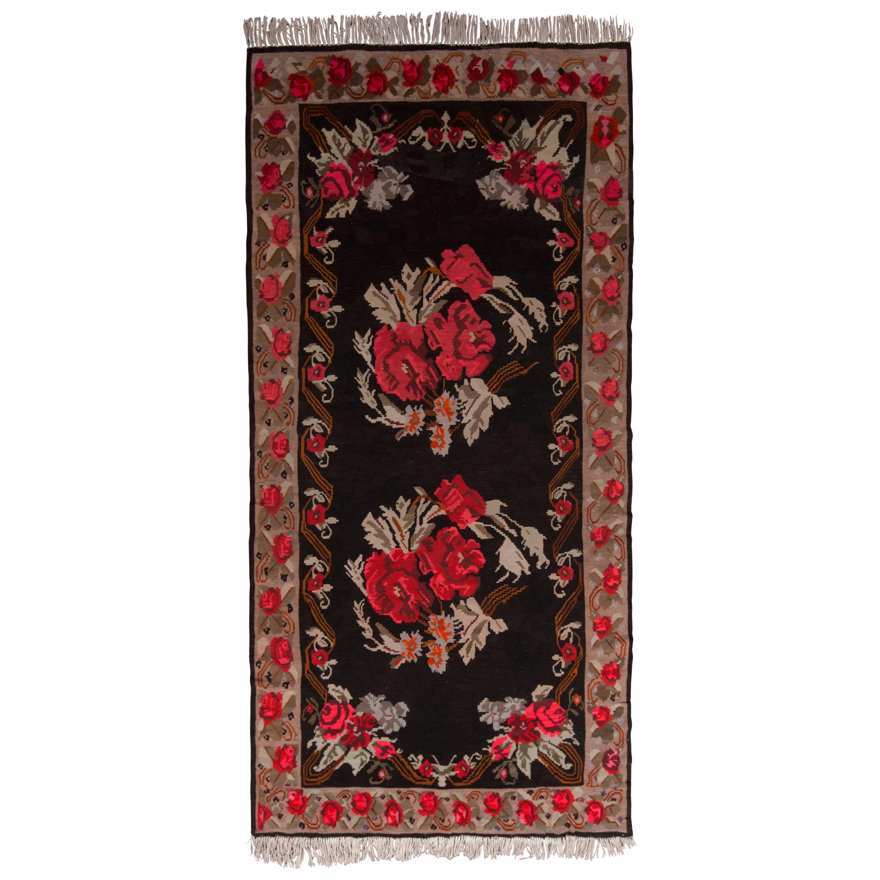 Midcentury Vintage Kilim Rug Black Red Floral Turkish FlatWeave by Rug