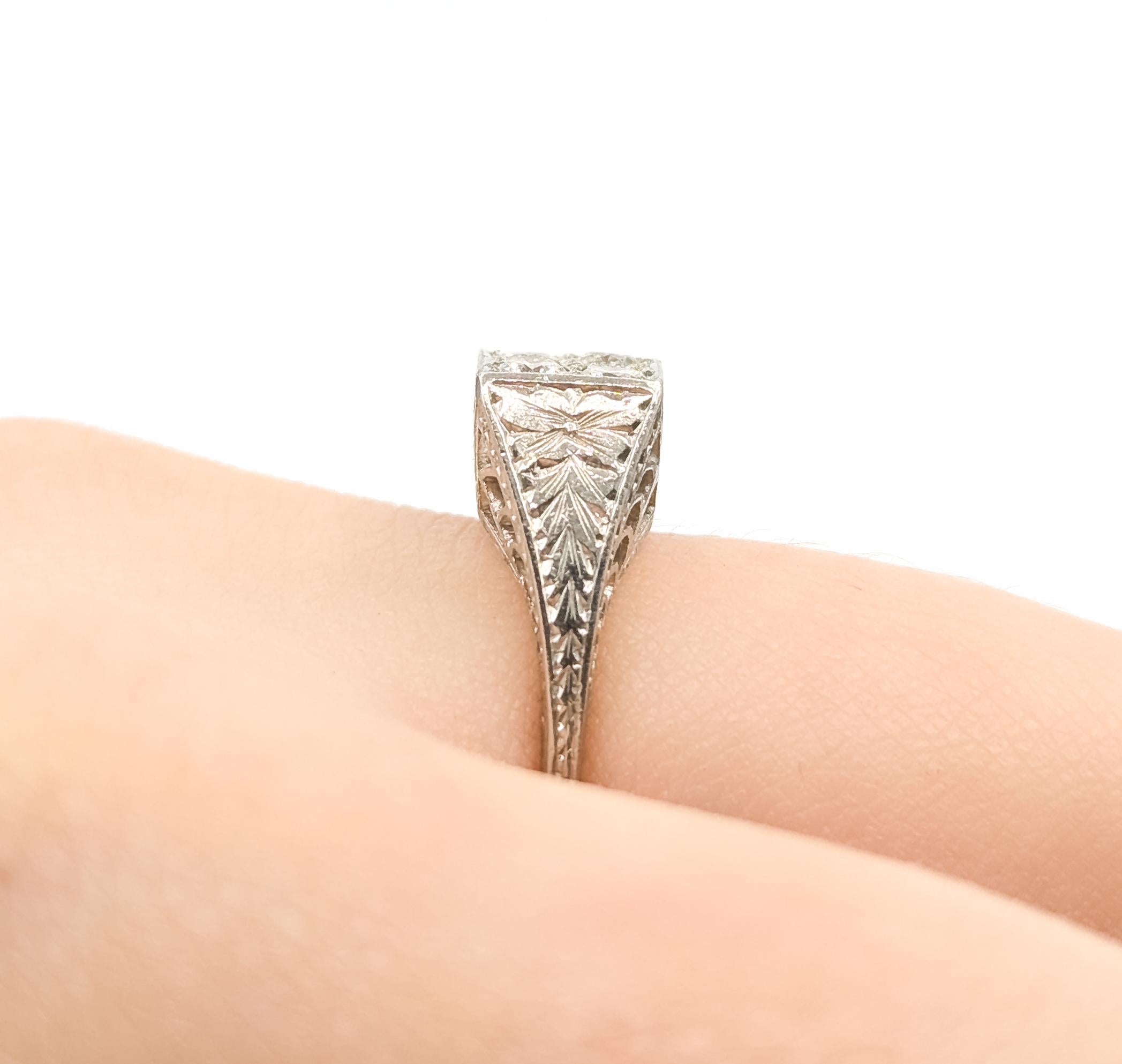 Round Cut Mid Century Bezel-set Diamond Filigree Ring in Platinum For Sale