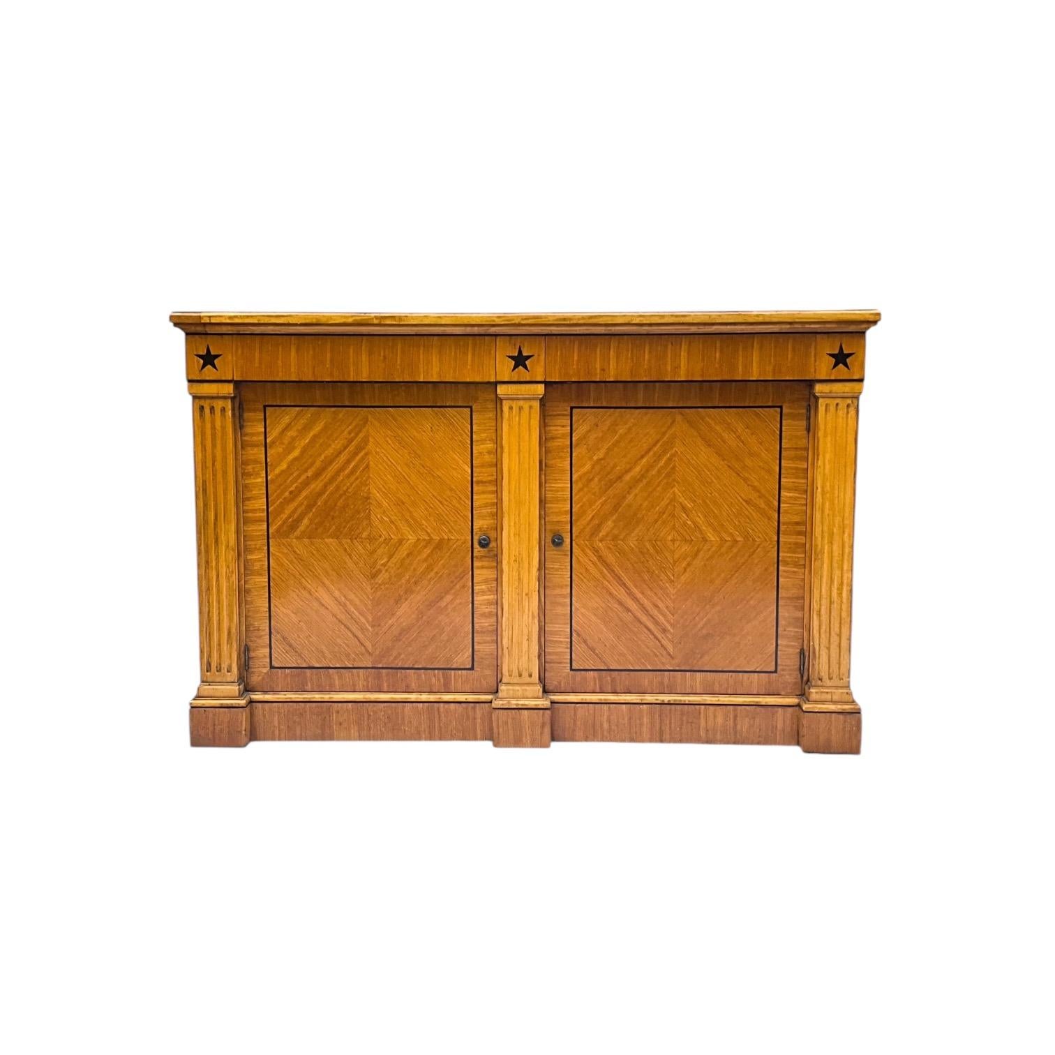 This is a mid-century bench made find! It is such a versatile size! It is a satinwood cabinet with an ebony pinstripe inlay. It has eight interior drawers. The star detail and patchwork sides just make it so unique. It is unmarked and in very good
