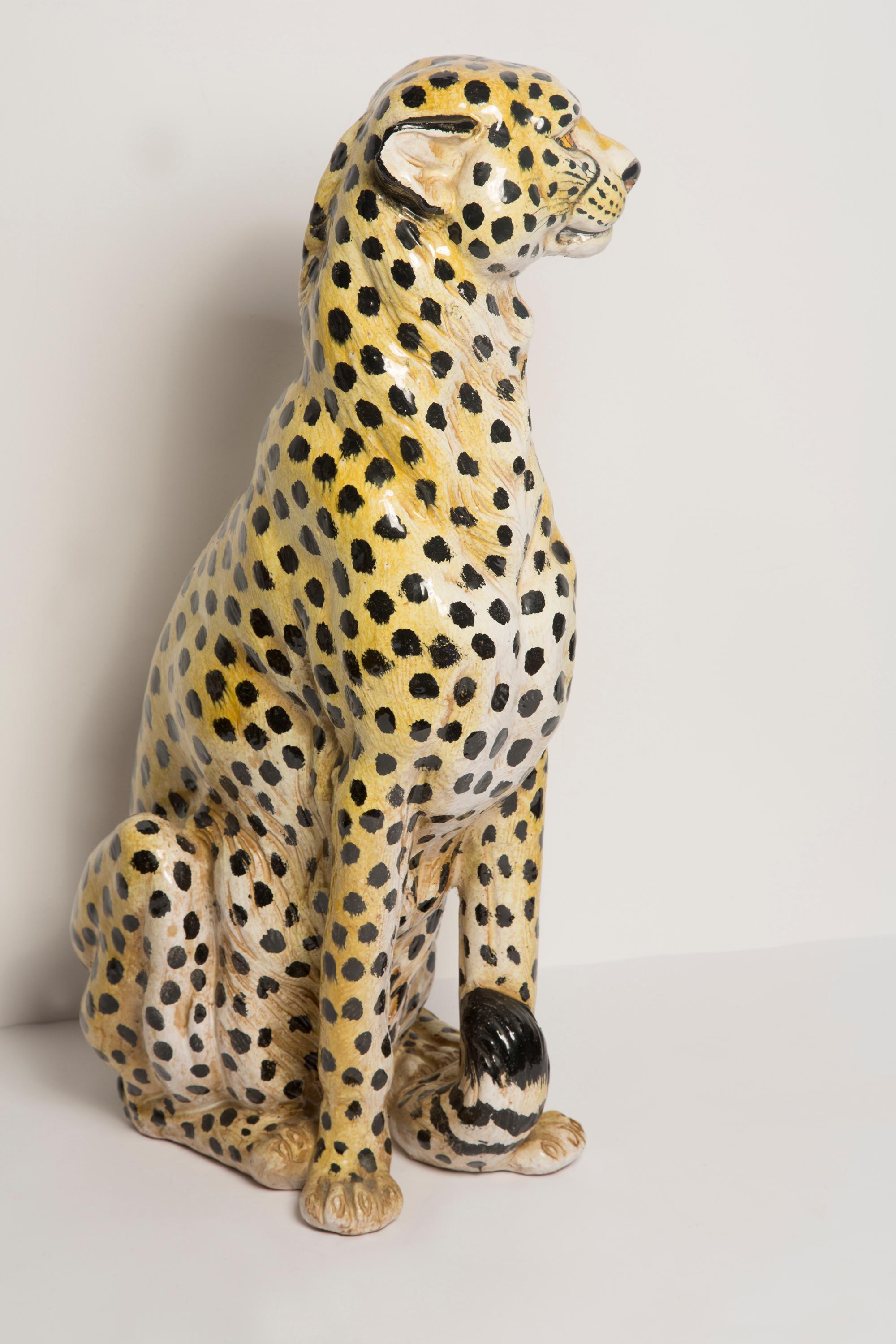 20th Century Midcentury Big Cheetah Hand Painted Terracotta Ceramic Sculpture, Italy, 1960s