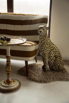 Midcentury Big Cheetah Hand Painted Terracotta Ceramic Sculpture, Italy, 1960s