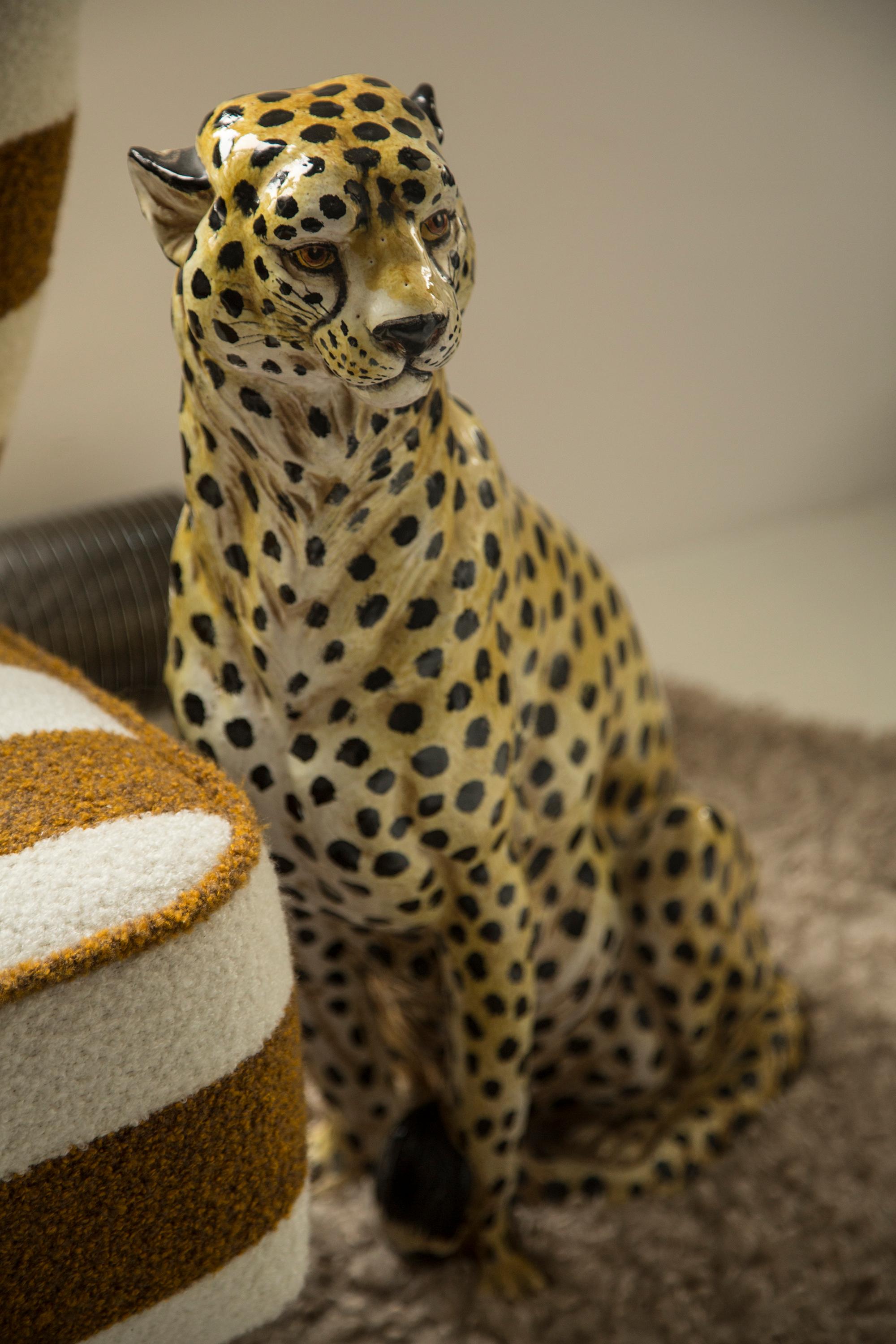 Mid-Century Modern Midcentury Big Cheetah Hand Painted Terracotta Ceramic Sculpture, Italy, 1960s