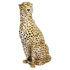 Vintage Midcentury Big Cheetah Hand Painted Terracotta Ceramic Sculpture, Italy, 1960s