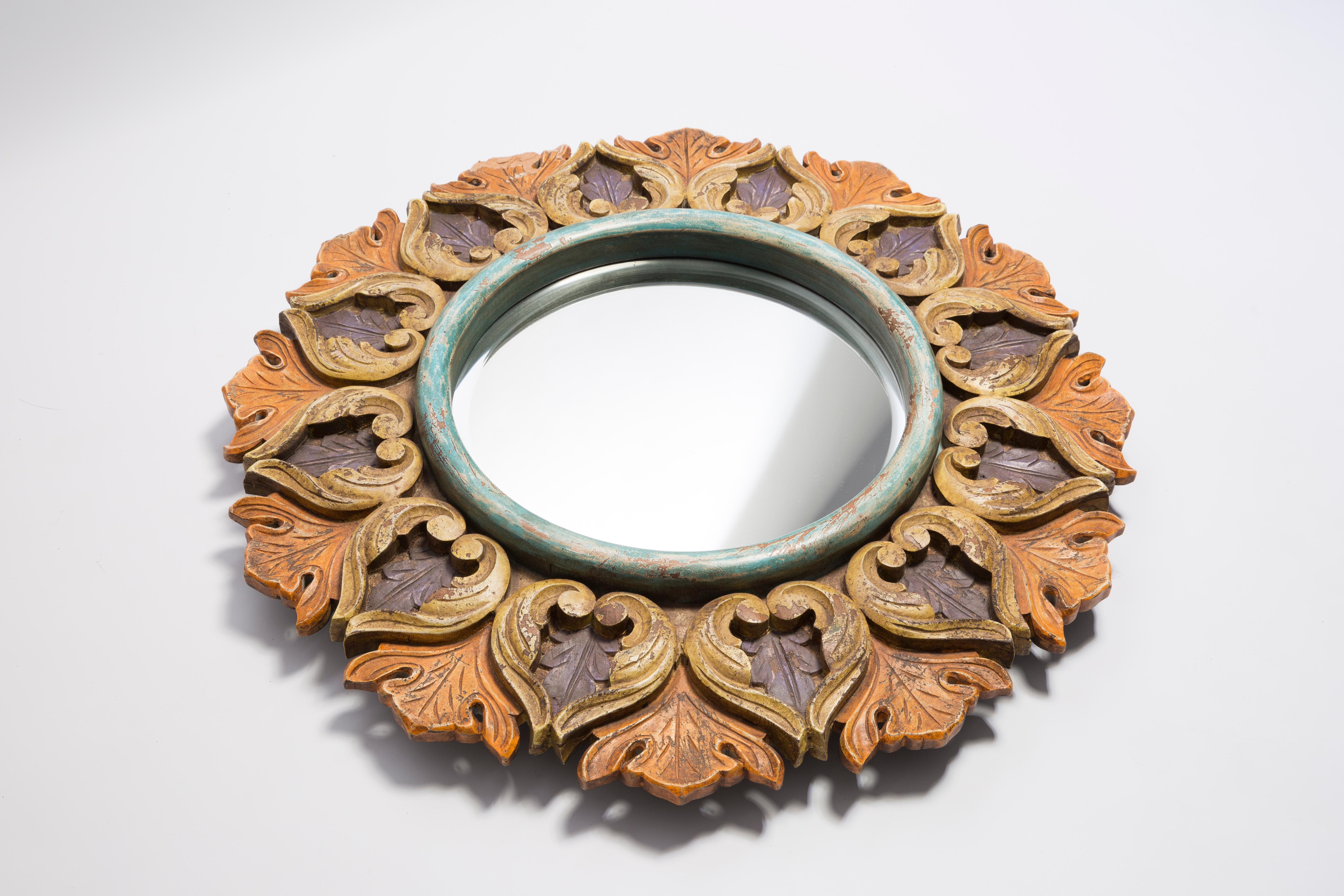 20th Century Midcentury Big Decorative Flowers Wood Original Glass Mirror, Italy, 1960s For Sale
