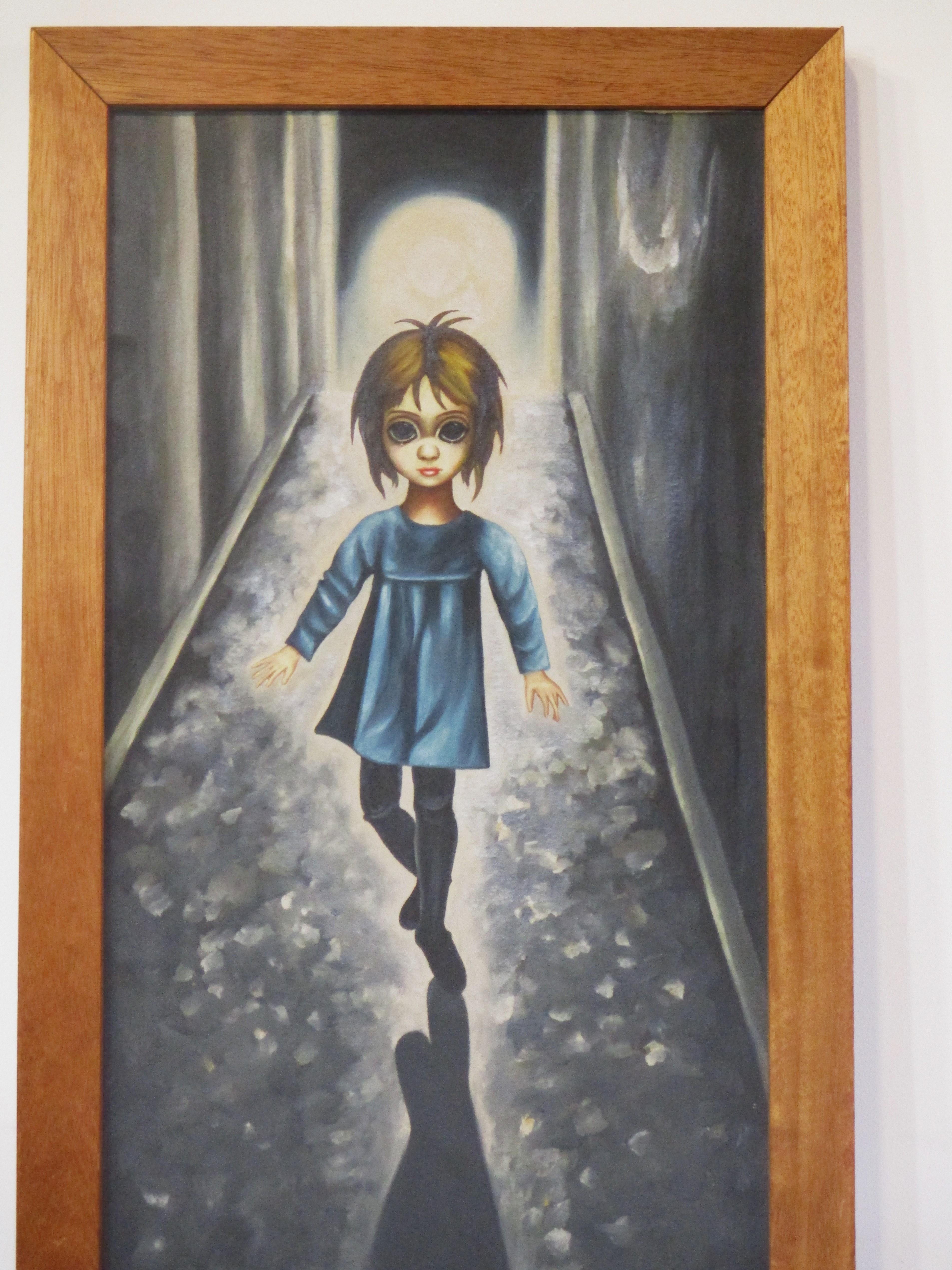 A very well done medium sized painting on canvas with a small girl having big eyes titled 