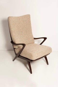 Mid Century Big Italian Easy Sessel, Beige Wolle, Walnussholz, 1950er Jahre