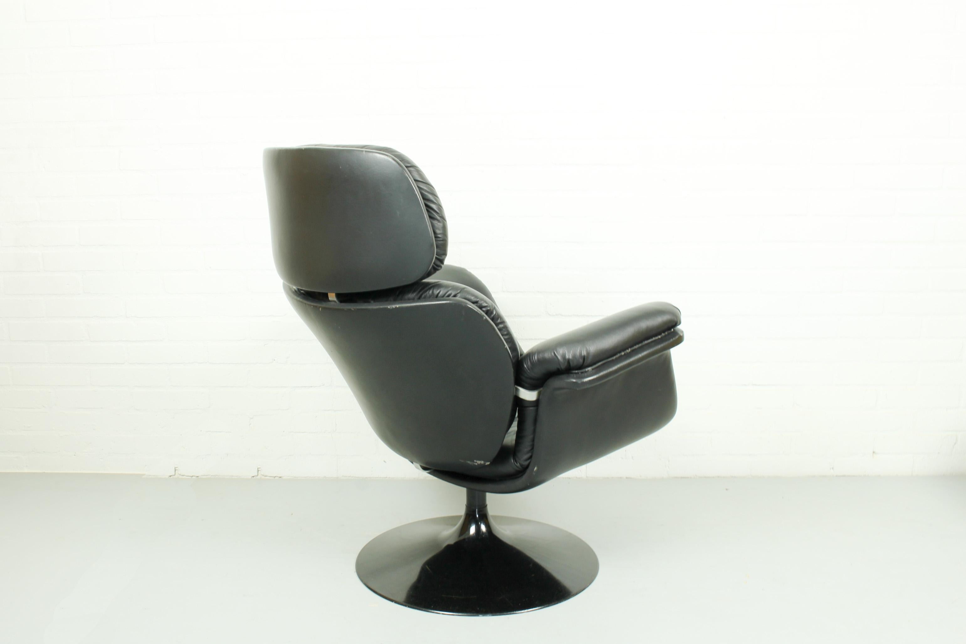 Dutch Midcentury Big Tulip Chair by Pierre Paulin for Artifort Black Leather, 1960s