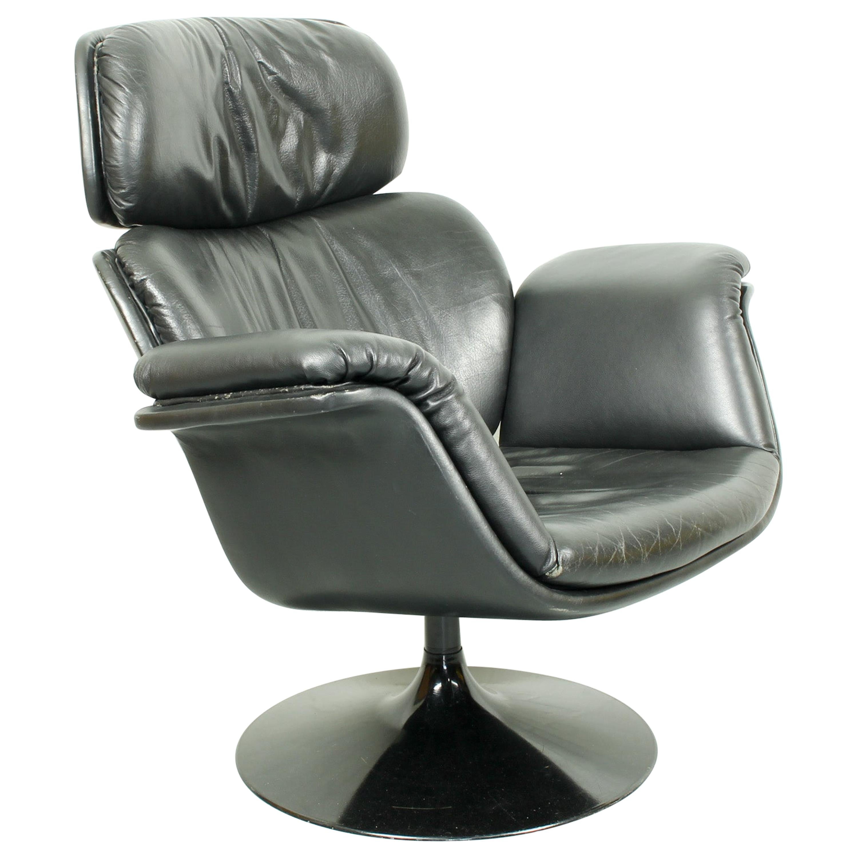 Midcentury Big Tulip Chair by Pierre Paulin for Artifort Black Leather, 1960s