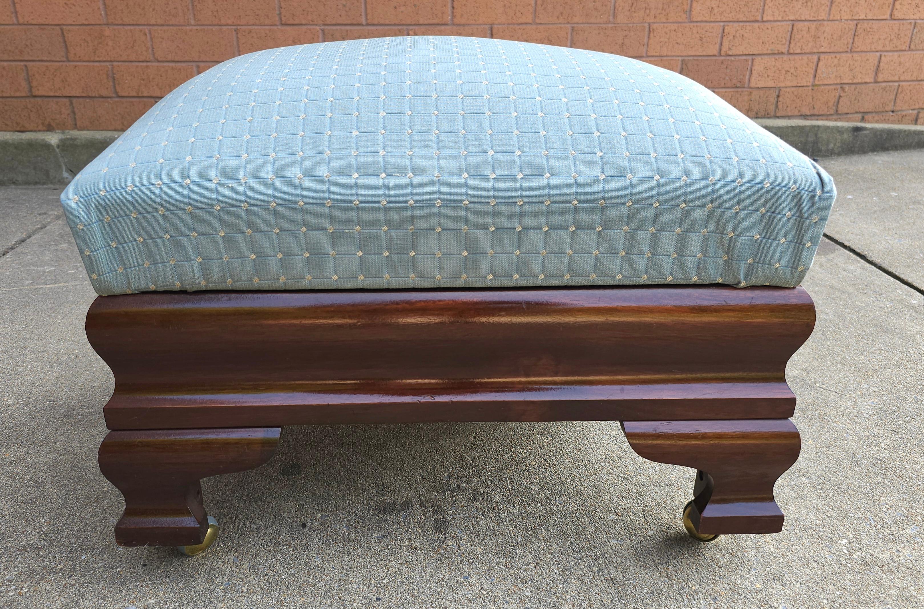 Varnished Mid-Century Biggs Furniture Mahogany and Upholstered Rolling Footstool Ottoman For Sale