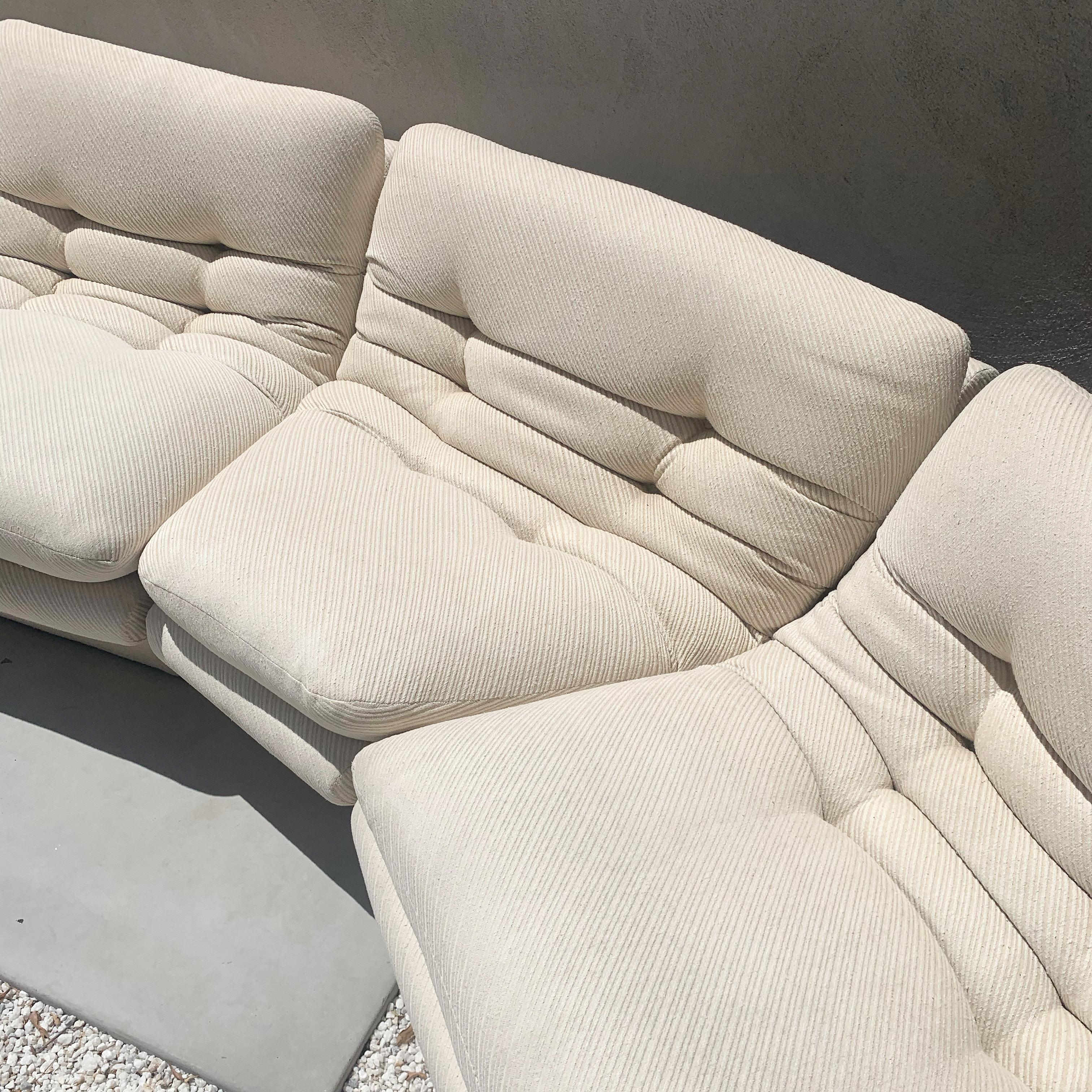 In rare form: mid-century sectional modular sofa by Preview, early 1970s. Six sections are comprised of four square pieces and two triangular. Original fabric - an ivory linen/bouclé blend with an ever so subtle pinstripe in soft taupe. Cushions are