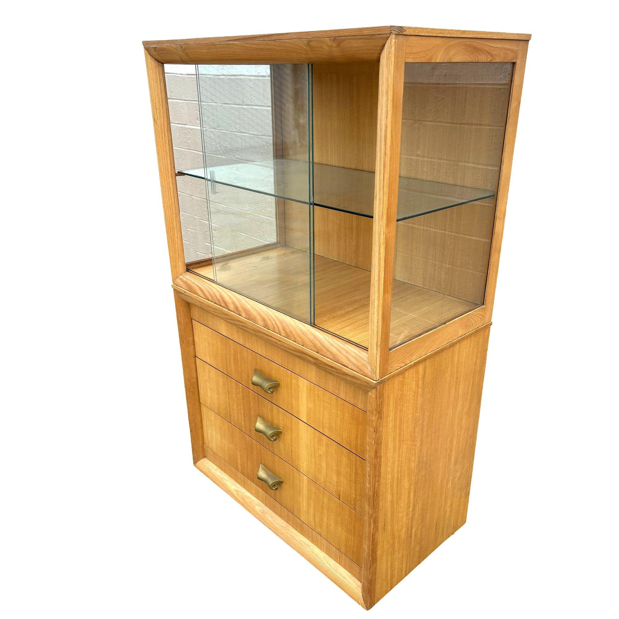 American Mid Century Birch Curio Cabinet w/ Bronze Pulls For Sale
