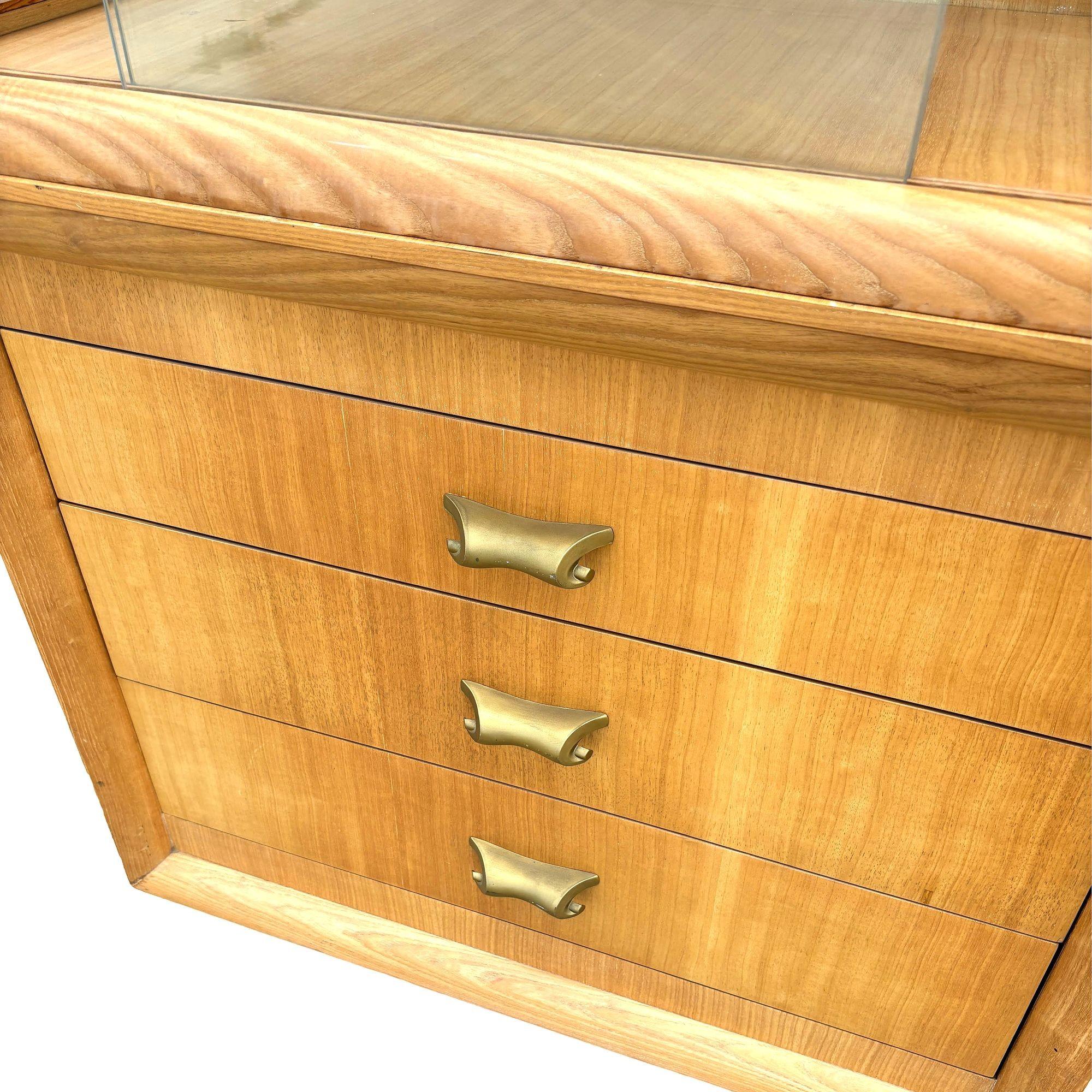 Glass Mid Century Birch Curio Cabinet w/ Bronze Pulls For Sale