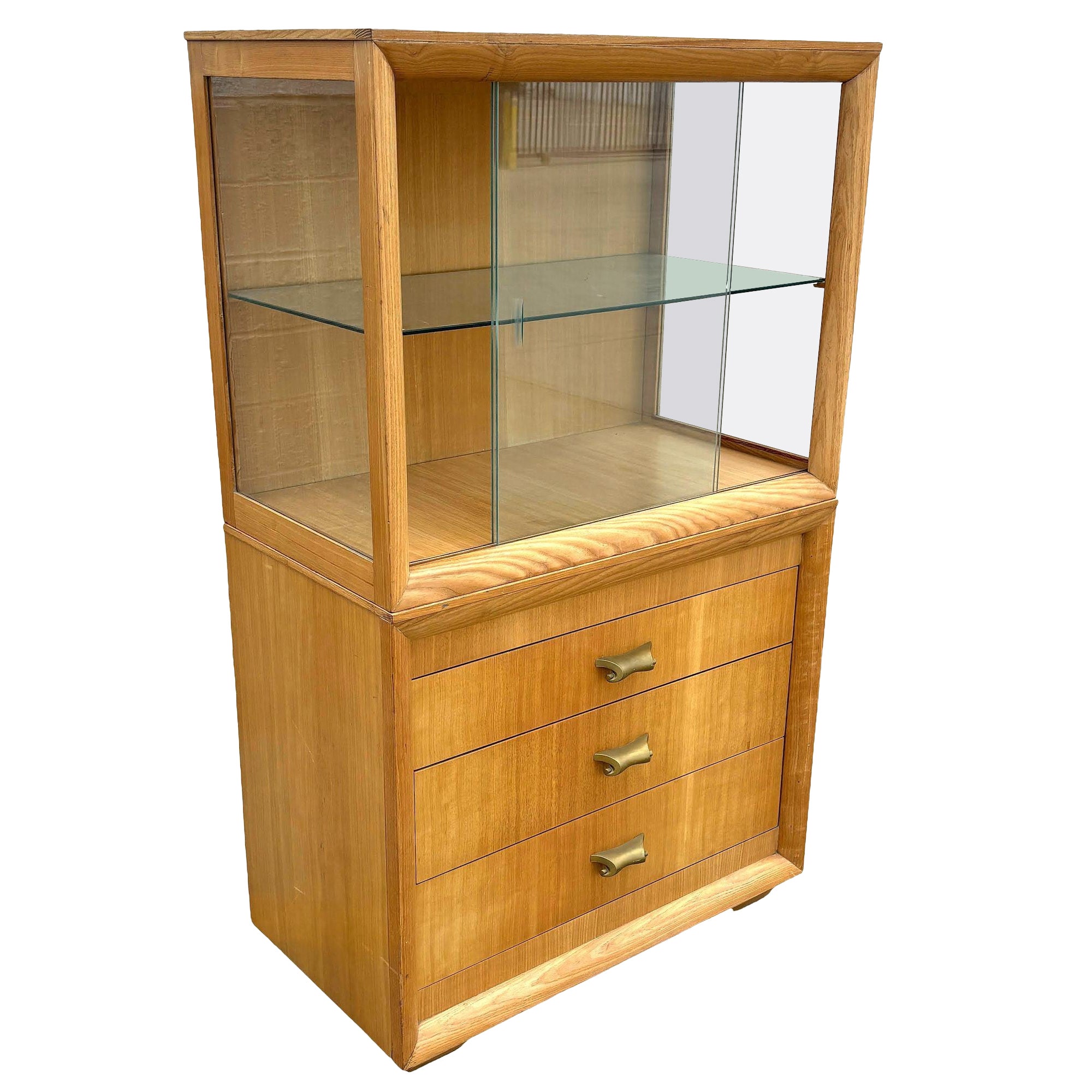 Mid Century Birch Curio Cabinet w/ Bronze Pulls For Sale