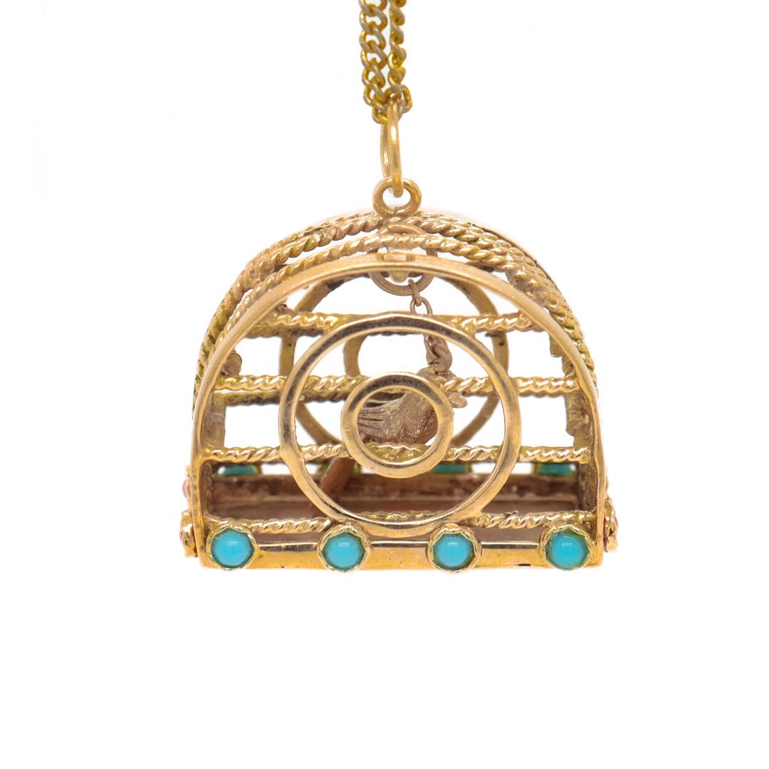 Modern Mid-Century Bird Cage and Kinetic Bird Charm or Pendant For Sale