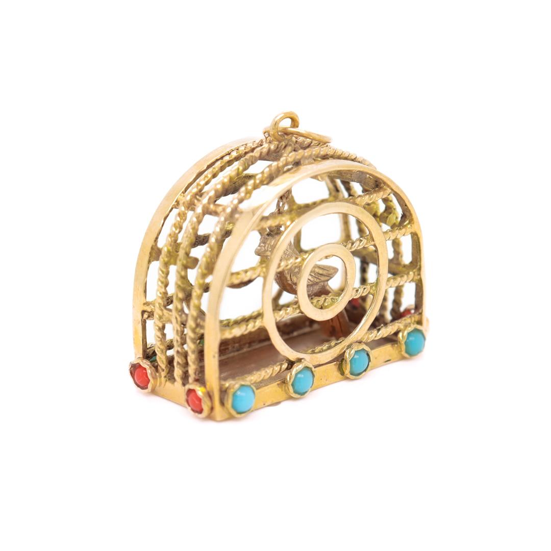 Cabochon Mid-Century Bird Cage and Kinetic Bird Charm or Pendant For Sale
