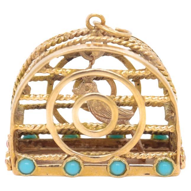 Mid-Century Bird Cage and Kinetic Bird Charm or Pendant For Sale