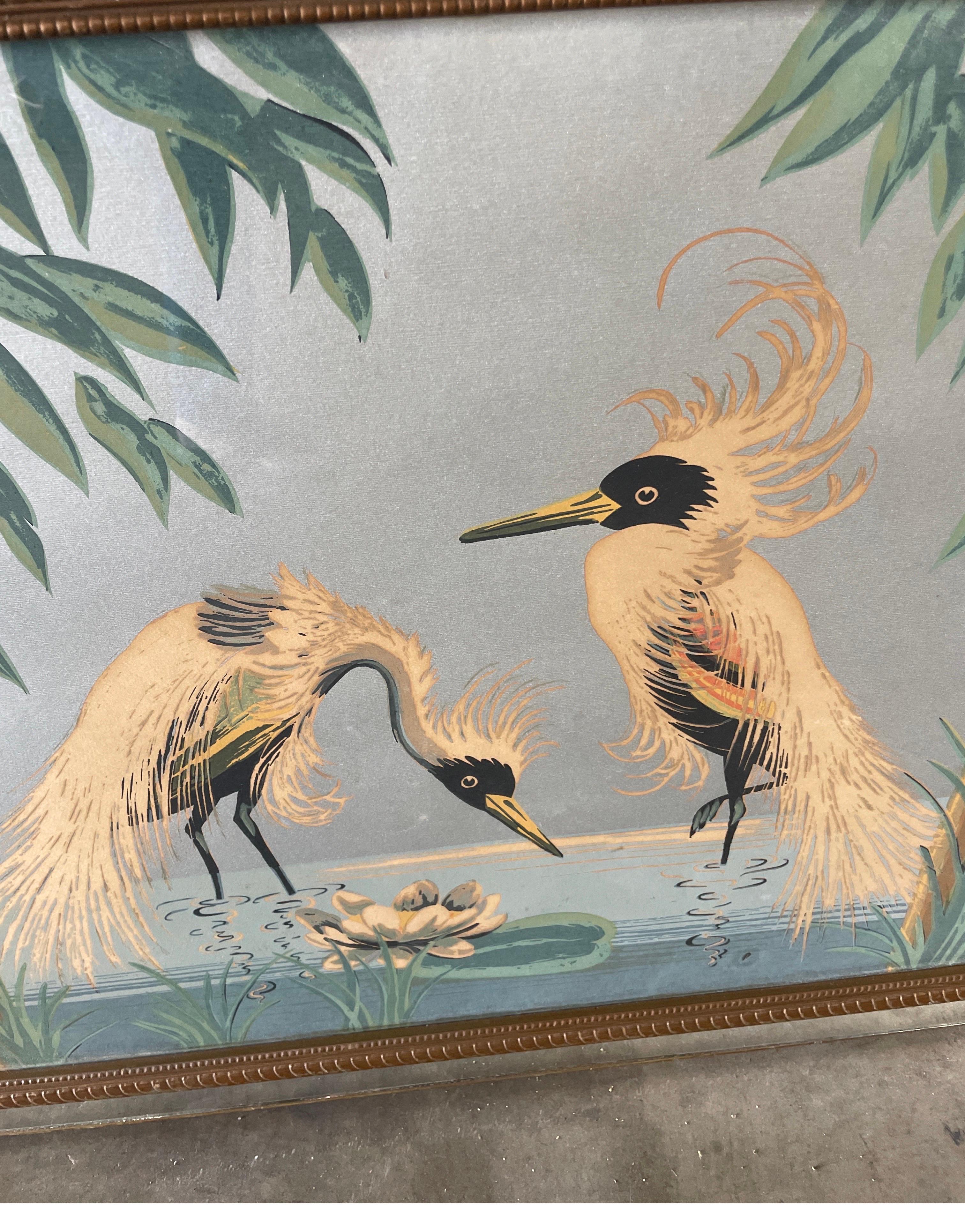 Vintage mid-century modern framed bird print. Original frame with giltwood and mirror.