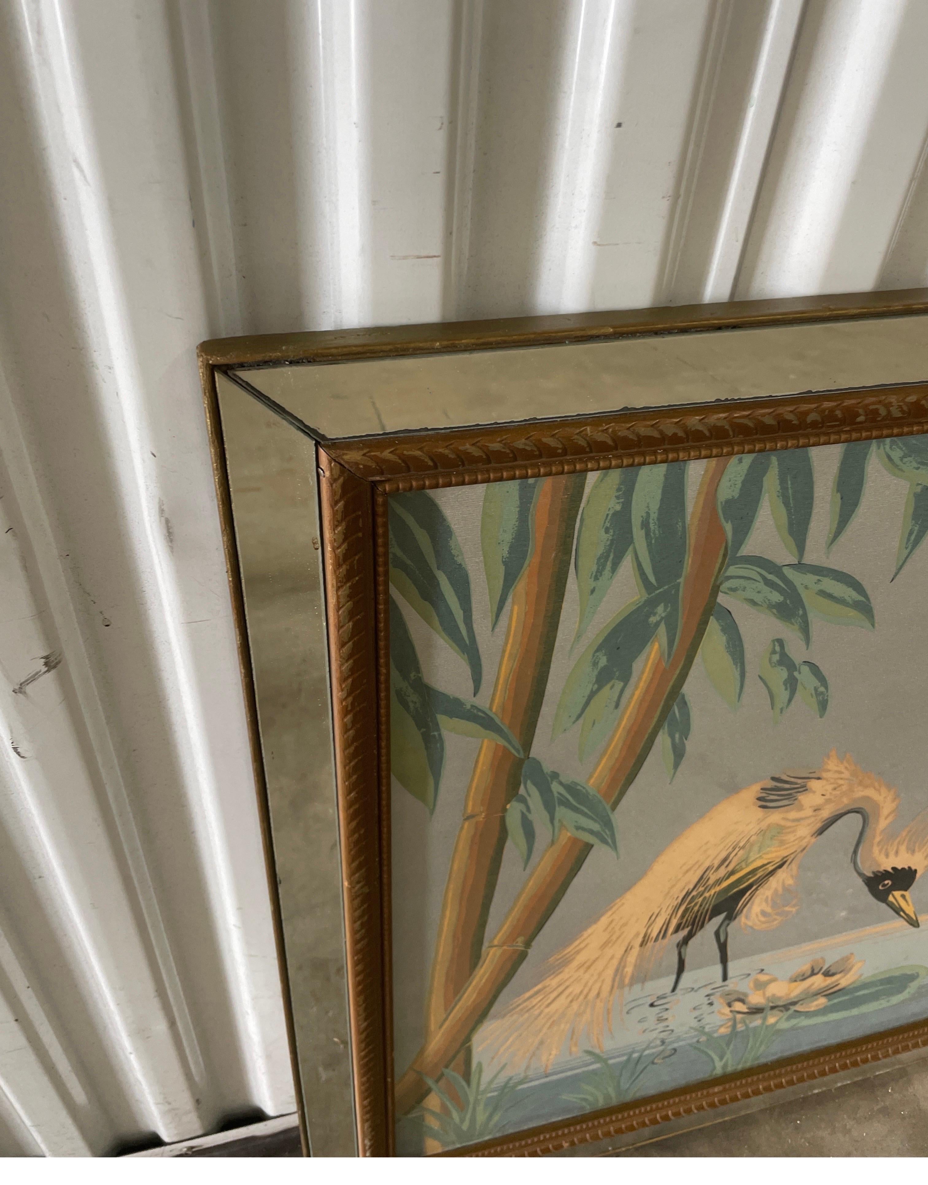 Mid Century Bird Print in Mirrored Border Frame In Good Condition For Sale In West Palm Beach, FL