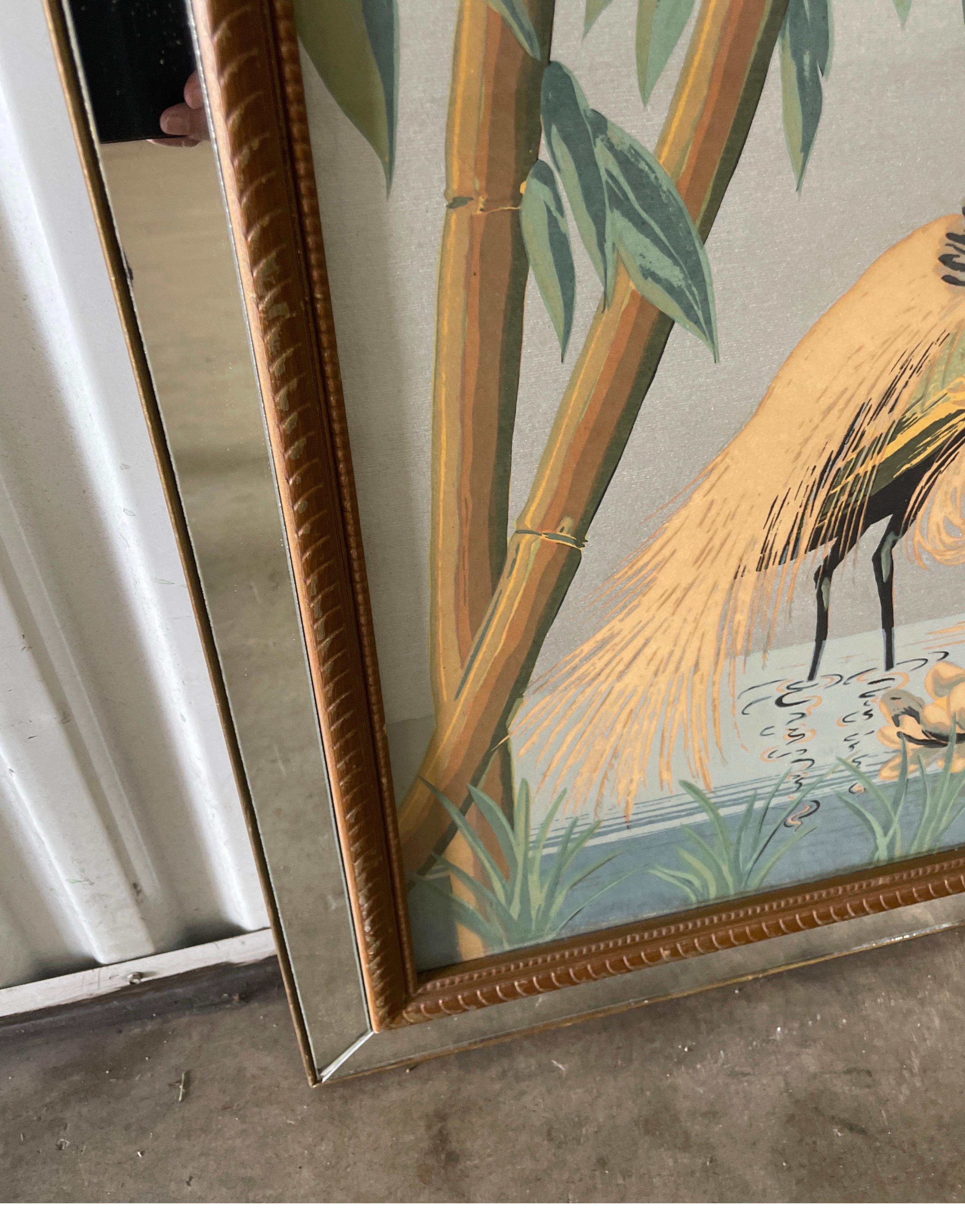 20th Century Mid Century Bird Print in Mirrored Border Frame For Sale
