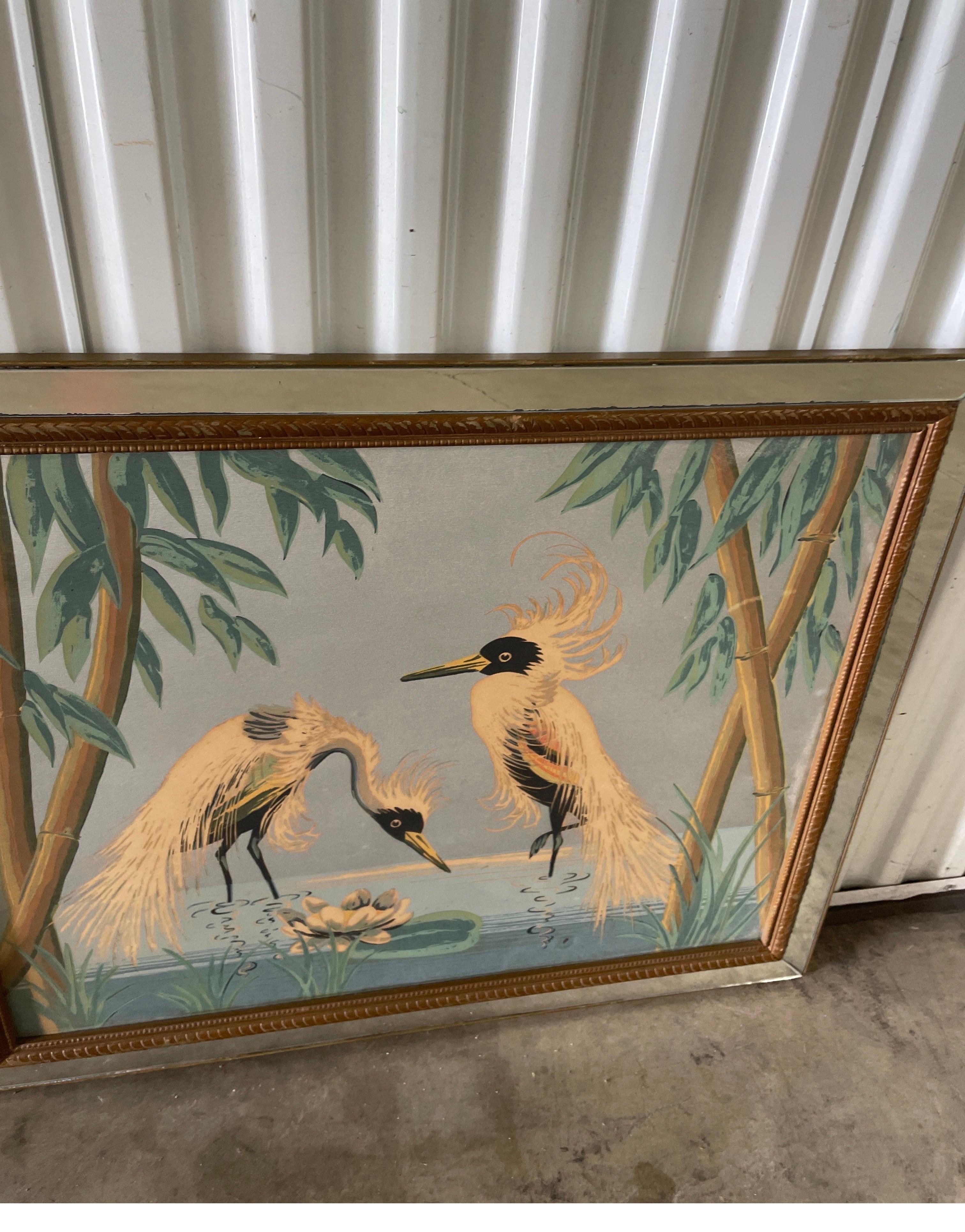 Mid Century Bird Print in Mirrored Border Frame For Sale 3