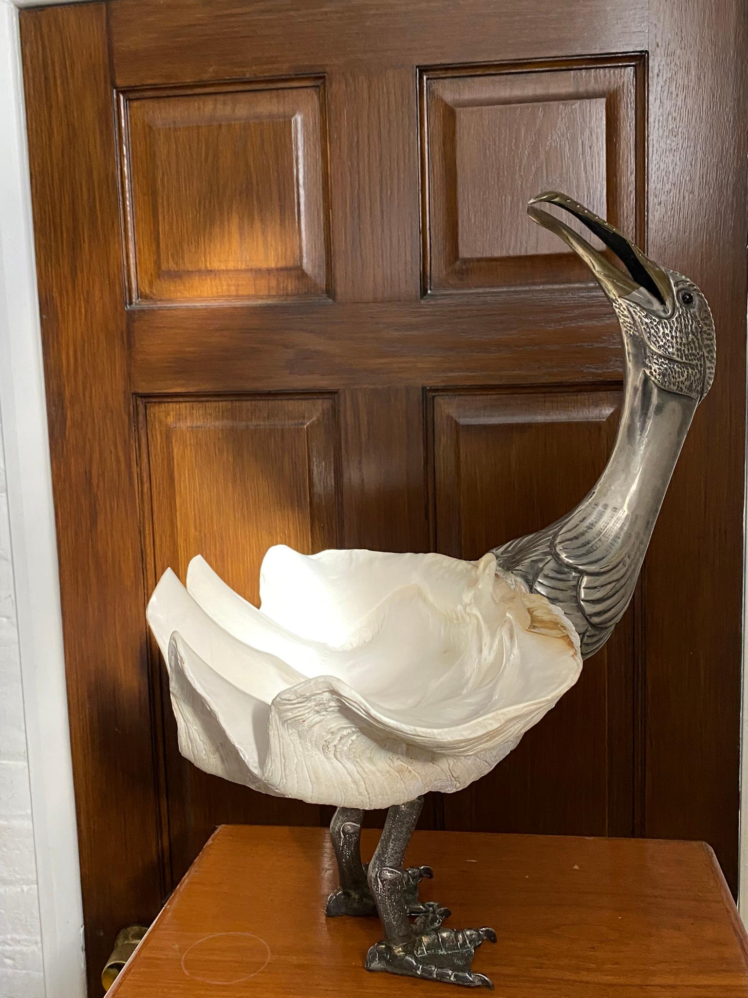 Midcentury Bird Sculpture by Gabriella Binazzi with Giant Clam Shell, Italian 4