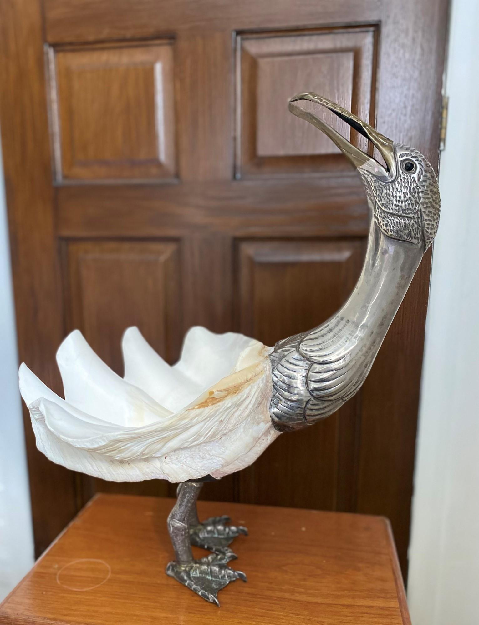 Midcentury Bird Sculpture by Gabriella Binazzi with Giant Clam Shell, Italian 5