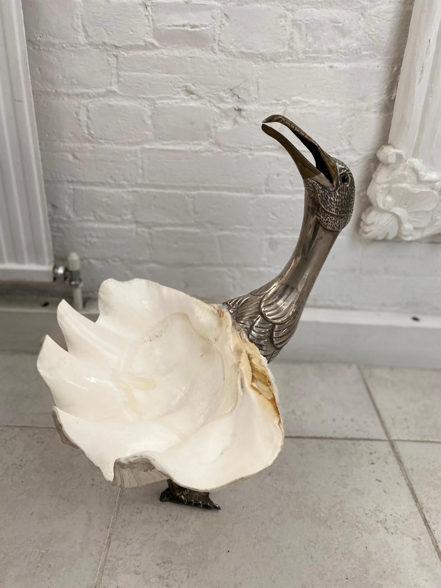 Midcentury Bird Sculpture by Gabriella Binazzi with Giant Clam Shell, Italian In Good Condition In Richmond, Surrey