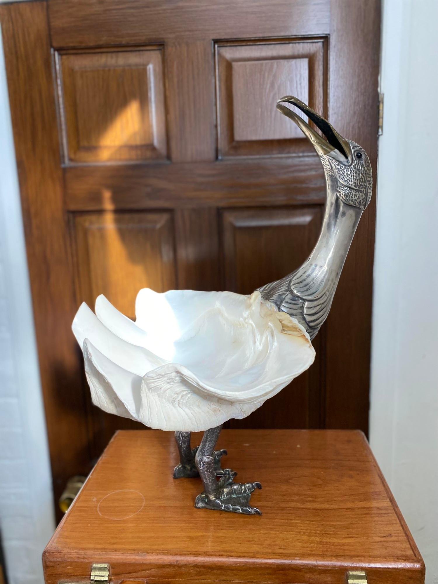 20th Century Midcentury Bird Sculpture by Gabriella Binazzi with Giant Clam Shell, Italian