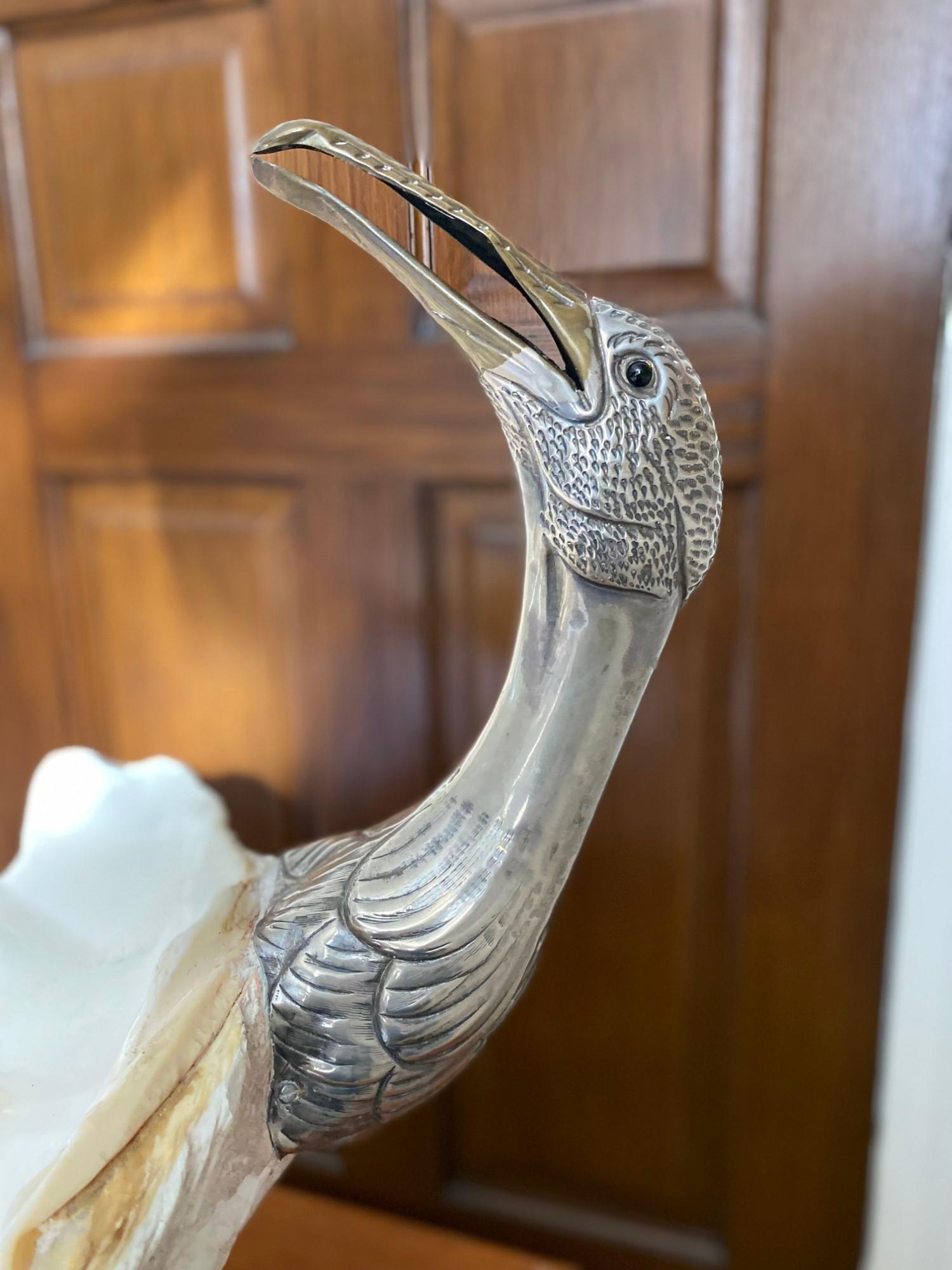 Silver Plate Midcentury Bird Sculpture by Gabriella Binazzi with Giant Clam Shell, Italian