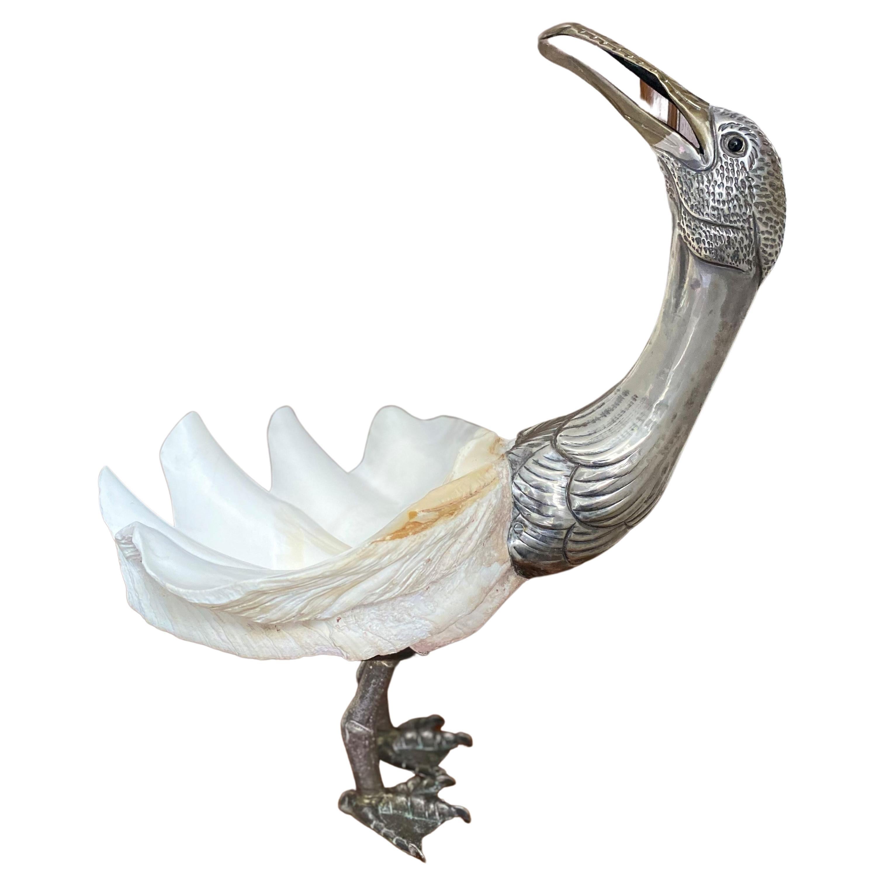 Midcentury Bird Sculpture by Gabriella Binazzi with Giant Clam Shell, Italian