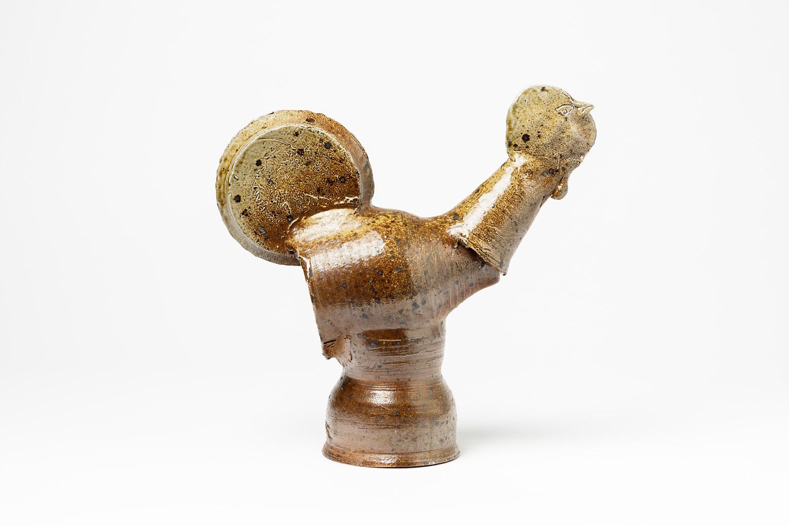 Vogel Steingut Keramik-Skulptur aus der Mitte des Jahrhunderts in brauner Keramikfarbe von B. Favre im Angebot 1